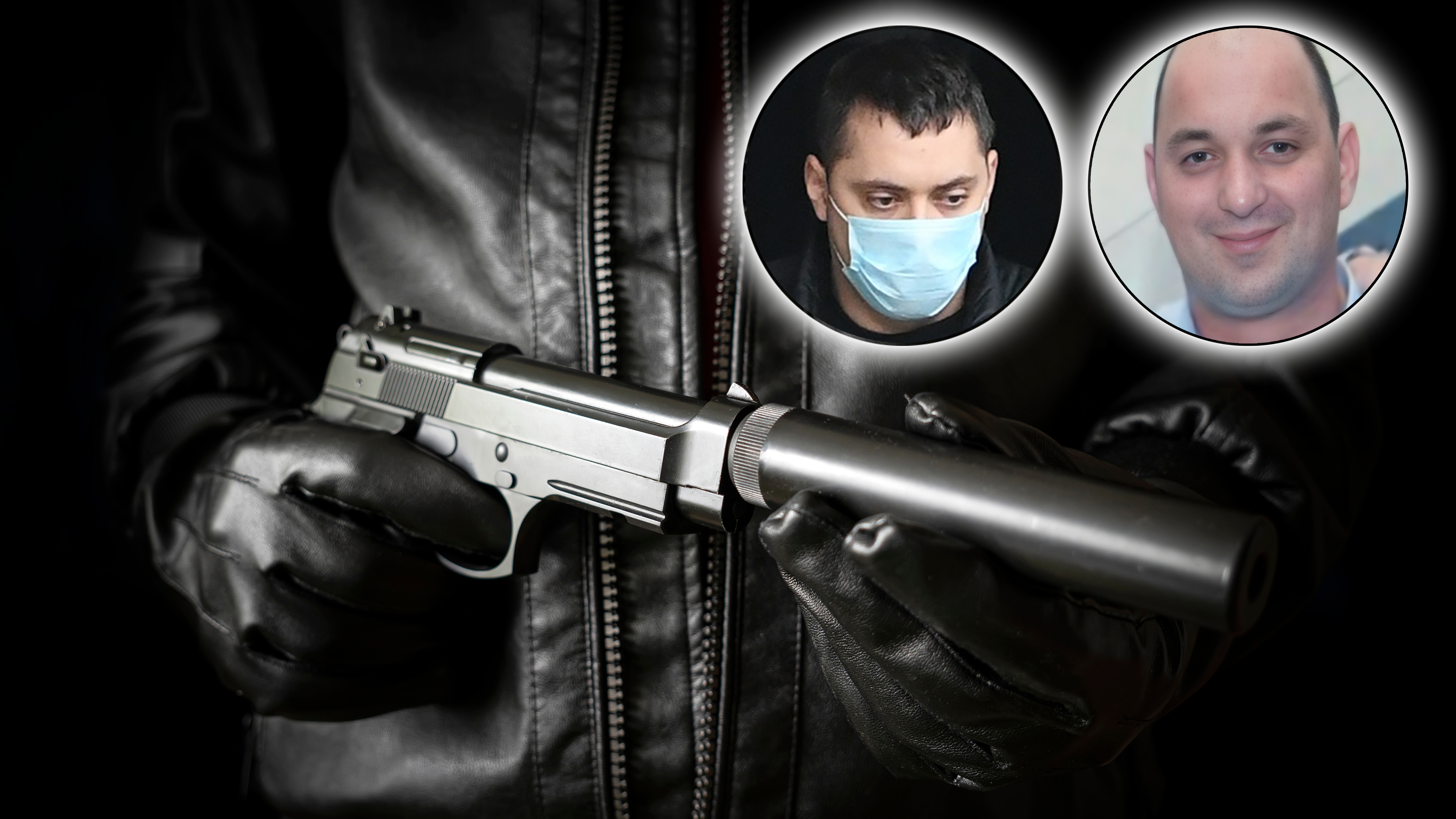 The concept of the crime of banditry. A dangerous shooter and a black pistol on a dark background. The hired killer is preparing to shoot. killer screws the silencer for the gun