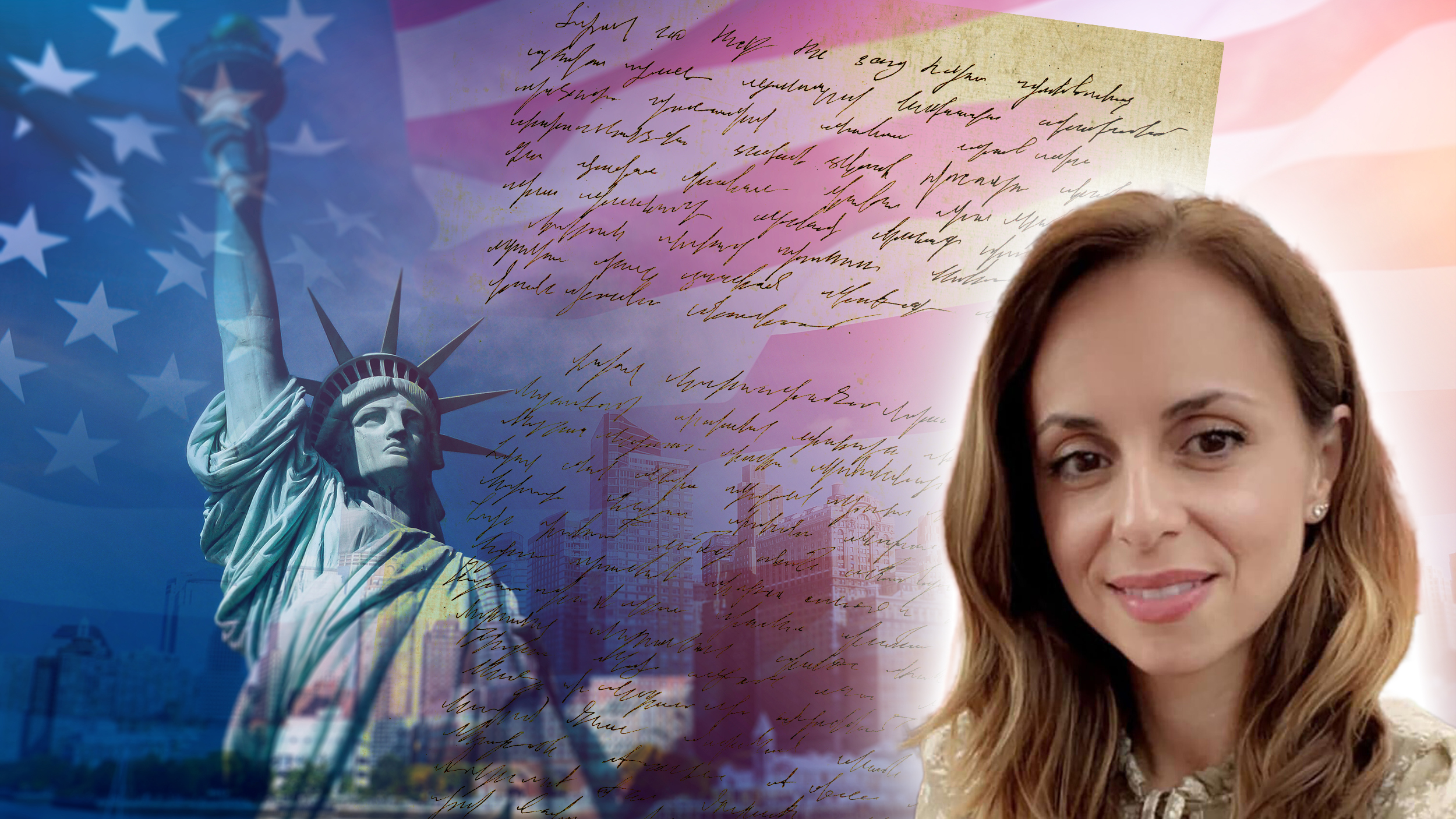ana vols ana walsh pismo Double exposure with the American flag and the Statue of liberty. Background for independence day - 4th of July.