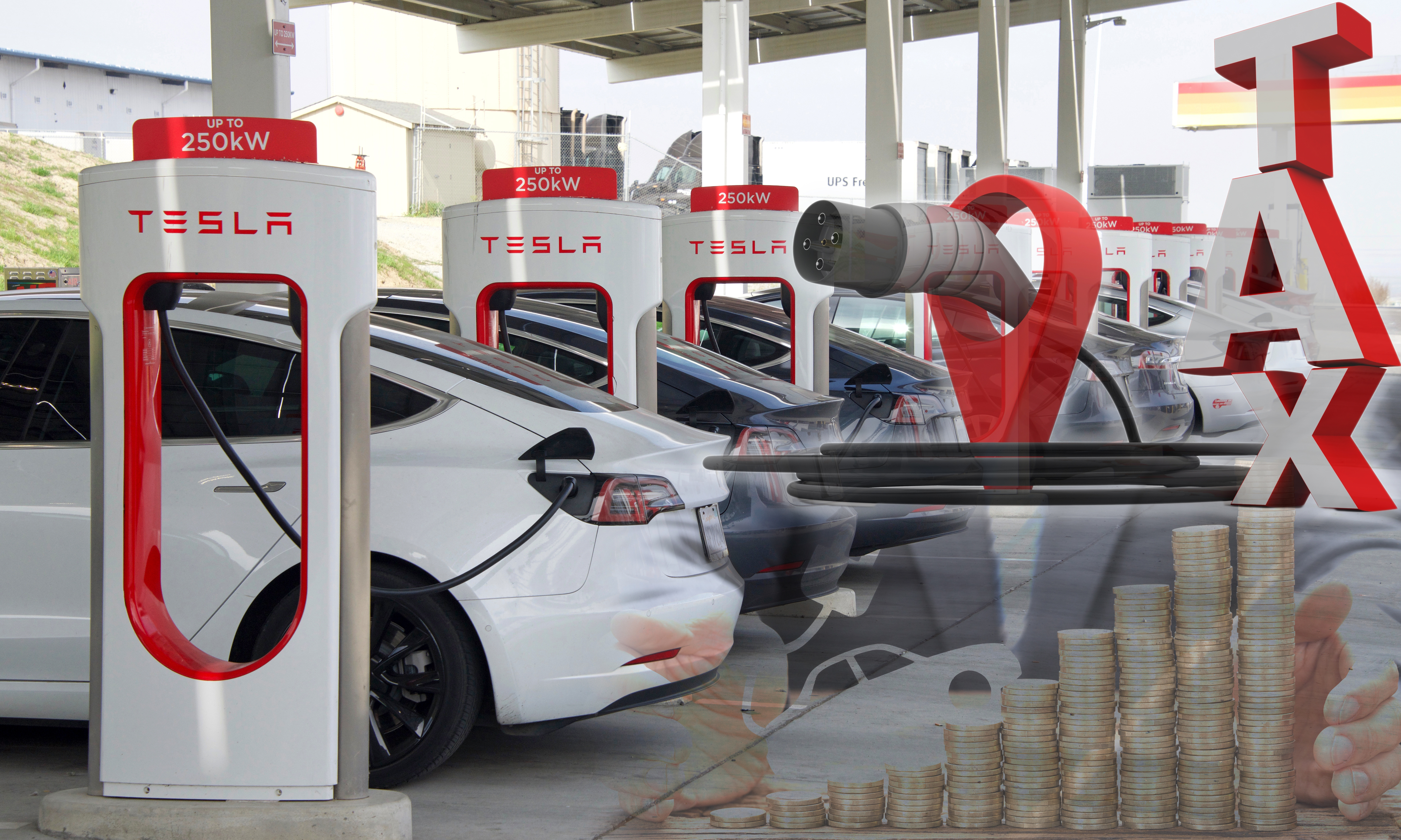 električni automobil, oporezivanje
 Kettleman City, CA - Jan 29, 2022: Many cars charging at a Tesla Supercharger station. Supercharger stations allow Tesla cars to be fast-charged at the network within a hour.