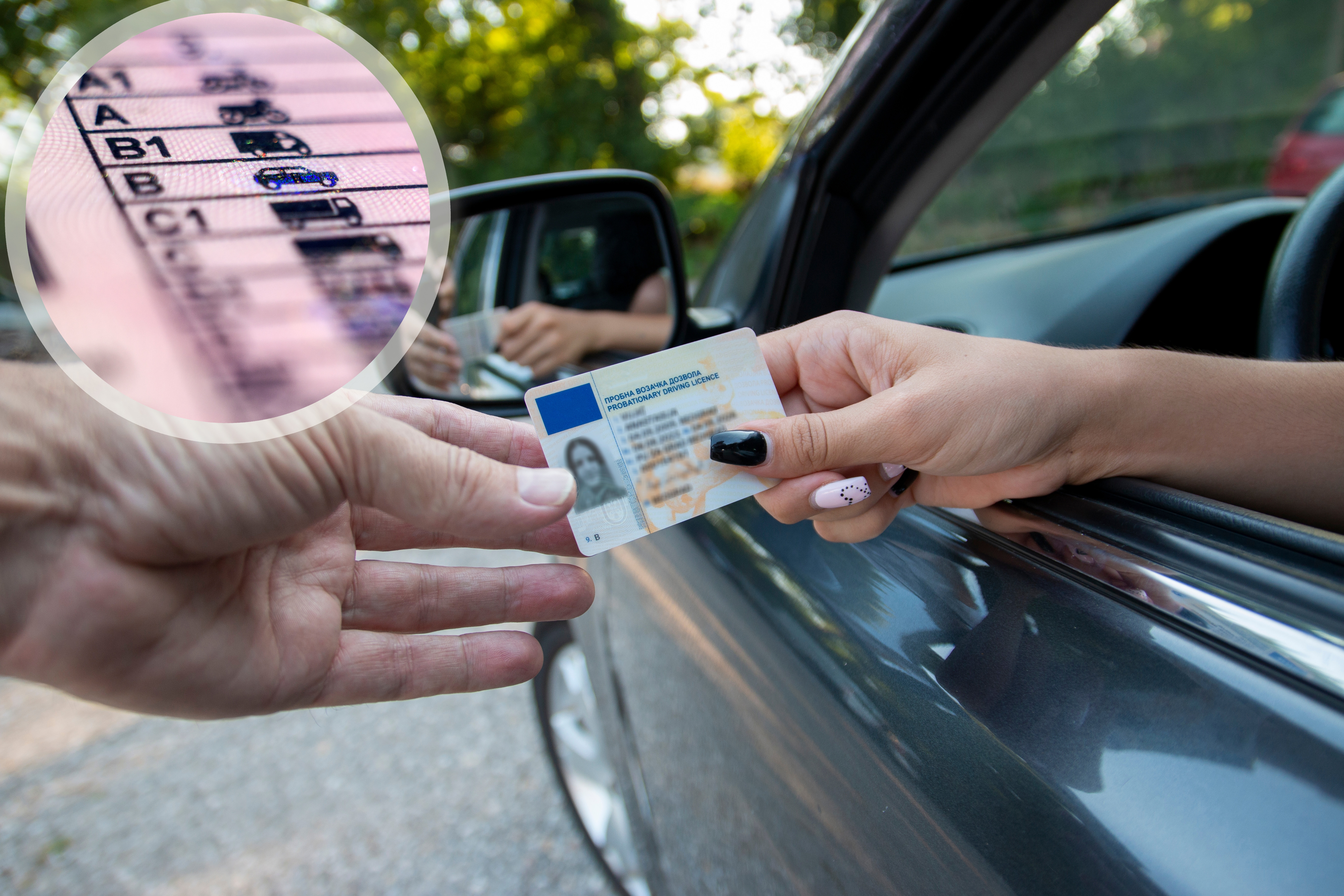 vozačka dozvola, kategorije vožnje, uslovi, eu dozvola, vožnja, polaganje vožnje
 Teenager driver commited a minor offence and handing over her licence to a police officer reaching towards the open window.Police officer controlling traffic on the road