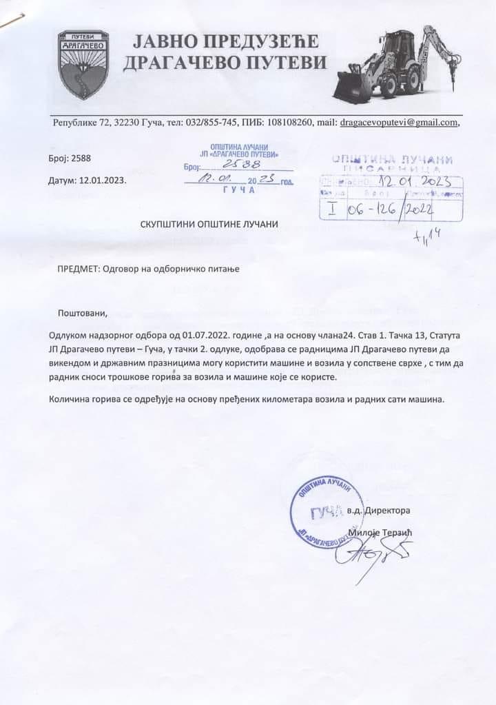 Lučani. Omogućili zaposlenima da koriste mašine u privatne svrhe, pa povukli odluku, dokument Foto: Nova.rs