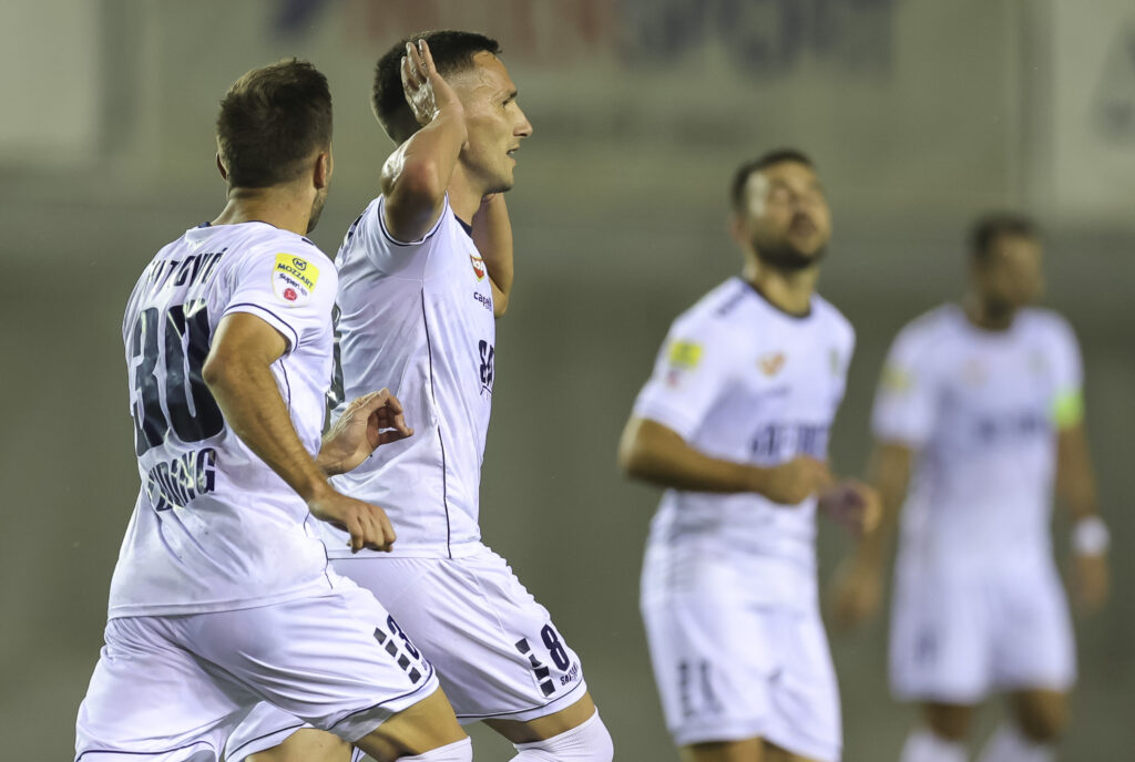 Sasa Jovanovic (R) celebrates after scoring a goal during the Mozzart Super Liga 2023/2024 match between Vozdovac and TSC Backa Topola at stadium Vozdovac on October 21, 2023 in Novi Sad, Serbia. (Photo by Srdjan Stevanovic/Starsport.rs ©)