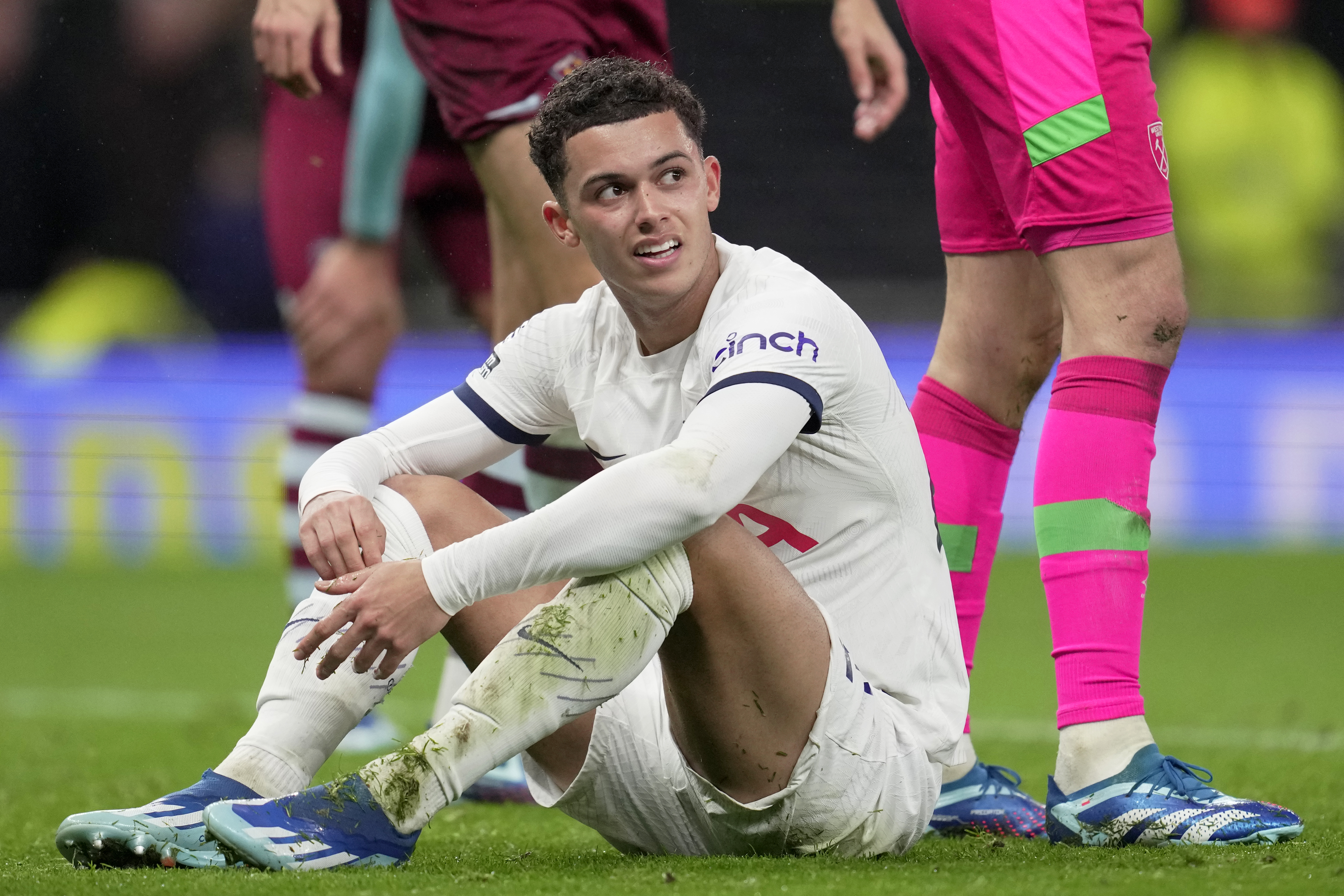Tottenham's Brennan Johnson reacts during the English Premier League soccer match between Tottenham Hotspur and West Ham United at the Tottenham Hotspur Stadium in London, England, Thursday, Dec. 7, 2023. (AP Photo/Kin Cheung)