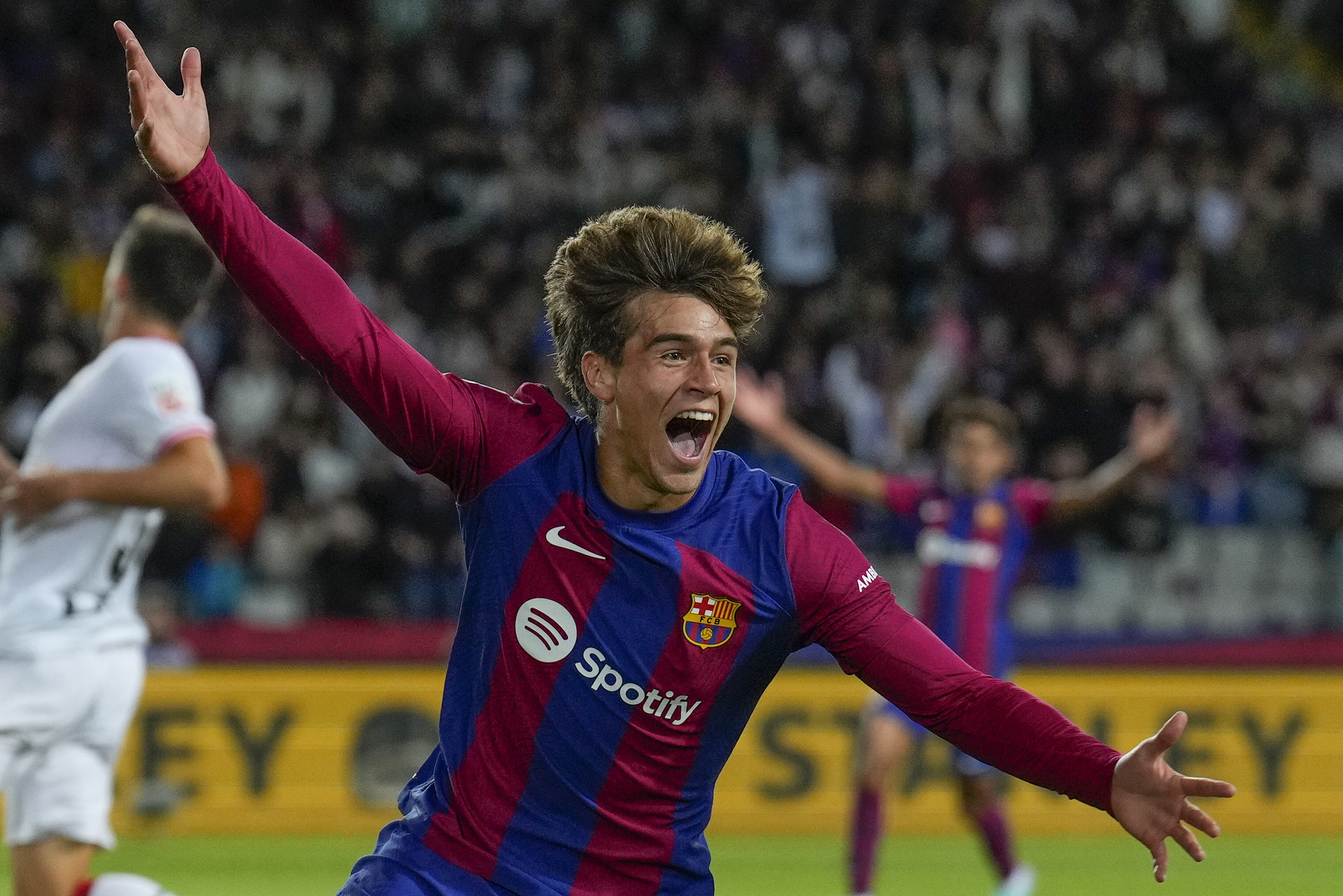 epa10933532 Barcelona's forward Marc Guiu celebrates after scoring the 1-0 goal during the LaLiga soccer match between FC Barcelona and Athletic Bilbao, in Barcelona, Spain, 22 October 2023.  EPA-EFE/Alejandro Garcia