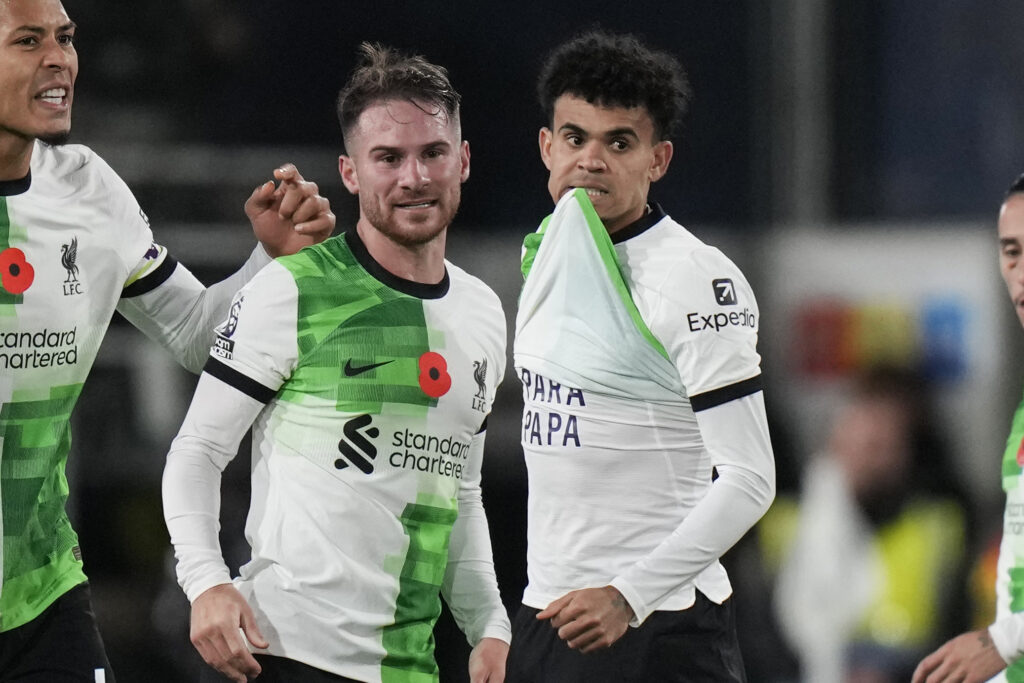 Liverpool's Luis Diaz celebrates after scoring his side's first goal during the English Premier League soccer match between Luton Town and Liverpool, at Kenilworth Road, in Luton, England, Sunday, Nov. 5, 2023. (Alastair Grant)
