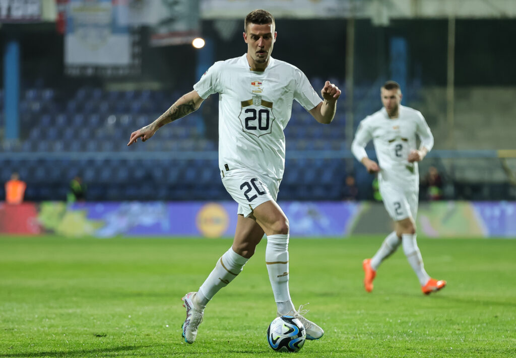 Sergej Milinkovic-Savic during the  UEFA EURO 2024 Qualifiers Group G match between Montenegro and Serbia at  City Stadium on March 27, 2023 in Podgorica, Montenegro. (Photo by Srdjan Stevanovic/Starsport.rs ©)