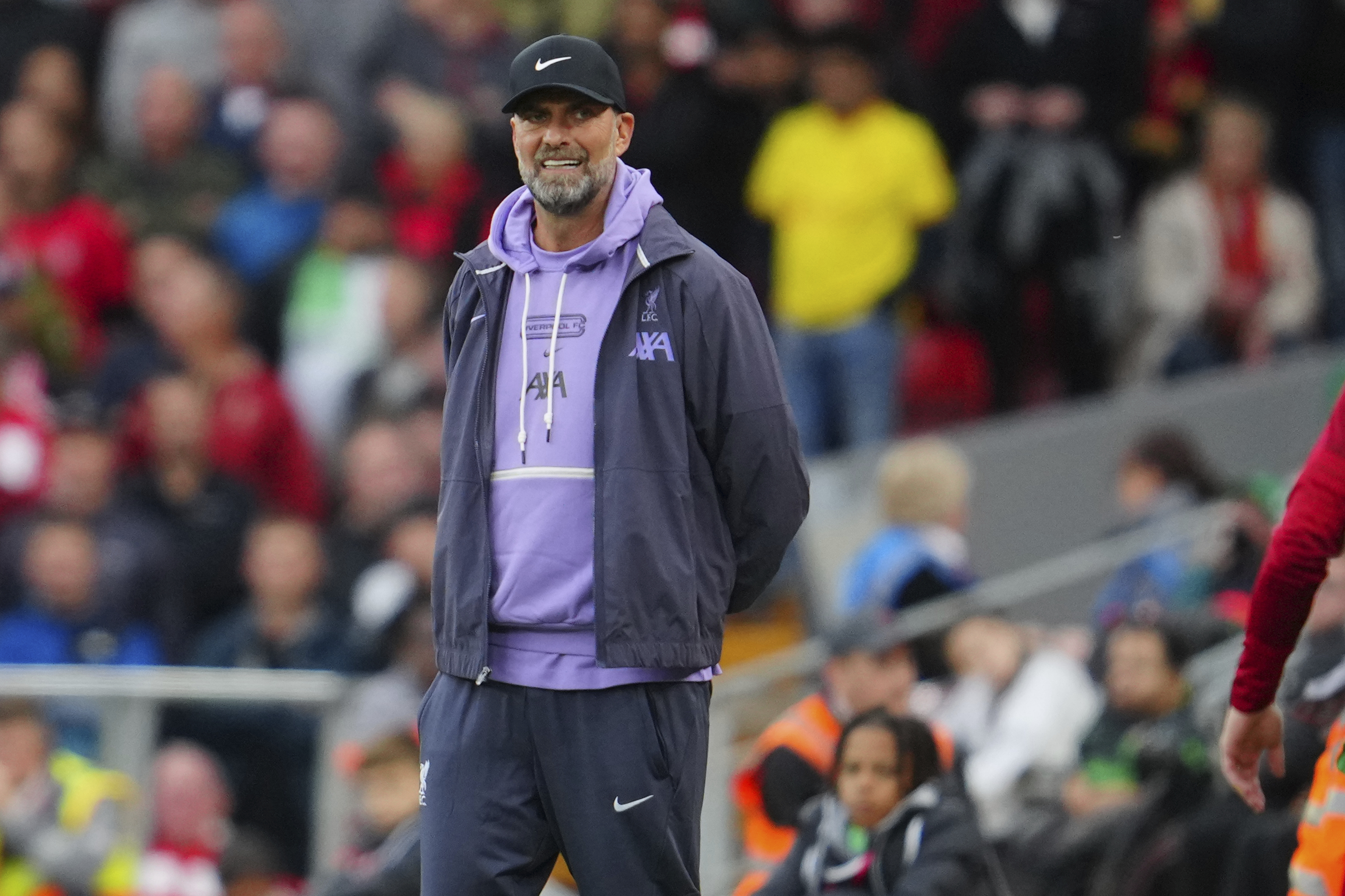 Liverpool's manager Jurgen Klopp observes during the English Premier League soccer match between Liverpool and West Ham at the Anfield stadium in Liverpool, England, Sunday, Sept. 24, 2023. (AP Photo/Jon Super)