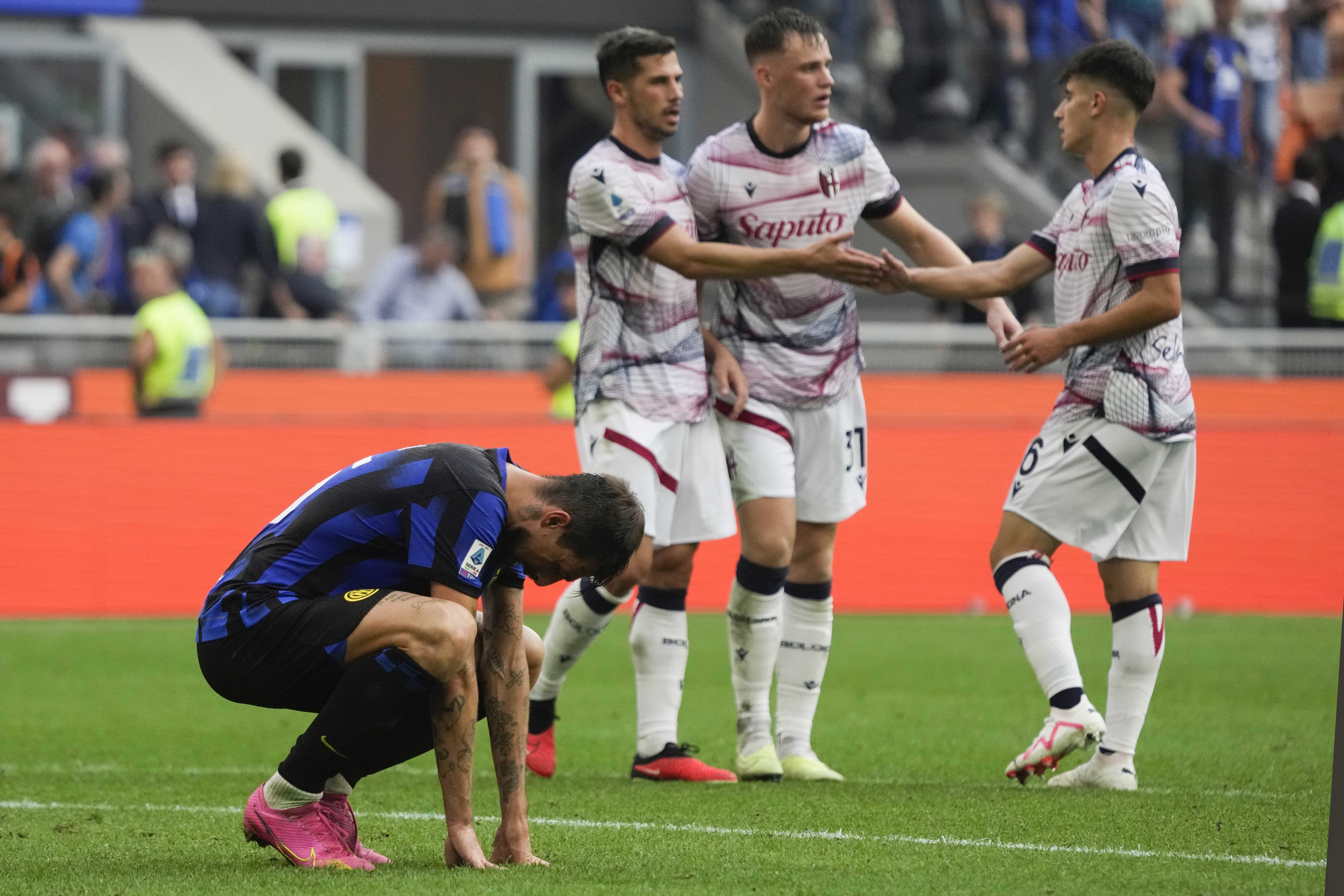 Inter Milan's Francesco Acerbi reacts at the end of a Serie A soccer match between Inter Milan and Bologna at the San Siro stadium in Milan, Italy, Saturday, Oct.7, 2023. (AP Photo/Luca Bruno)