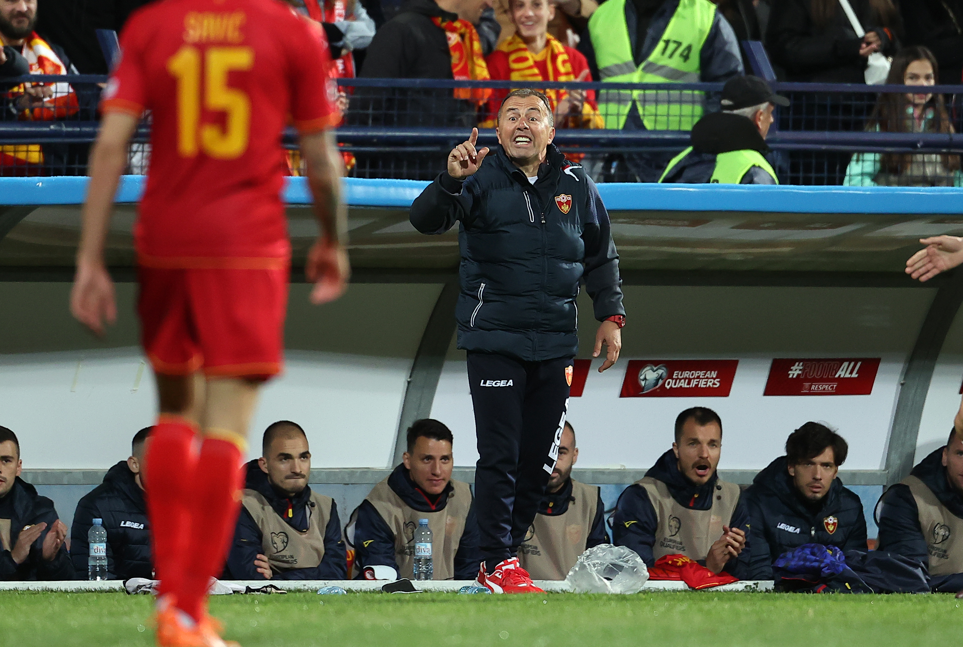 Montenegro's head coach Miodrag Radulovic gestures during group G, UEFA EURO 2024 qualifying football match between Montenegro and Serbia on March 27, 2023. in Podgorica, Montenegro. 
(Photo by: Pedja Milosavljevic / DeFodi Images)