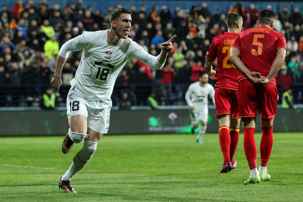 during the  UEFA EURO 2024 Qualifiers Group G match between Montenegro and Serbia at  City Stadium on March 27, 2023 in Podgorica, Montenegro. (Photo by Srdjan Stevanovic/Starsport.rs ©)