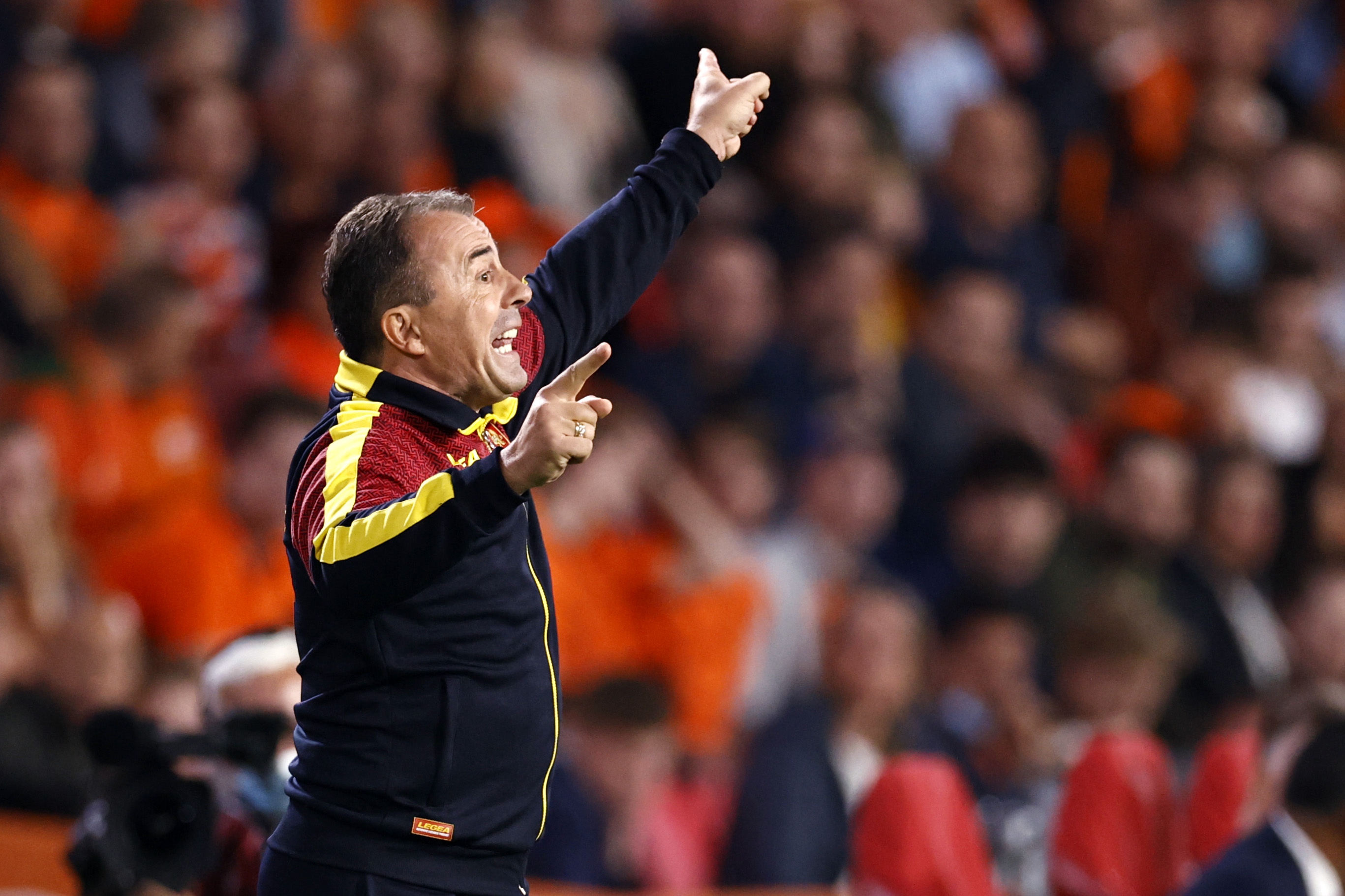 epa09447899 Montenegro's head coach Miodrag Radulovic reacts during the FIFA World Cup 2022 qualifying group G soccer match between the Netherlands and Montenegro in Eindhoven, Netherlands, 04 September 2021.  EPA-EFE/MAURICE VAN STEEN