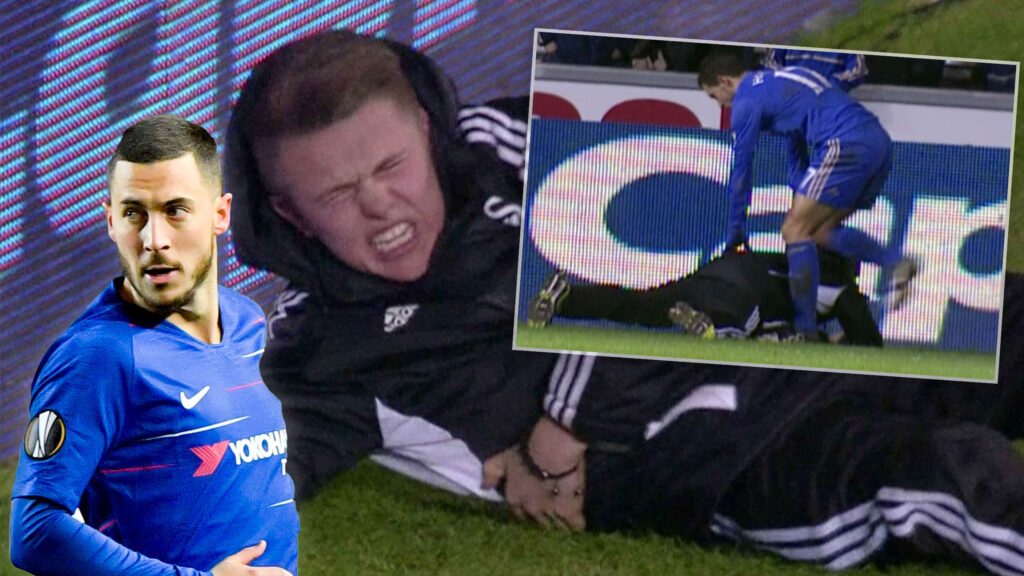 Chelsea midfielder Eden Hazard kicks a ball boy during the Capital One Cup semi-final at Swansea.