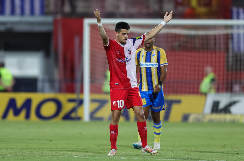 Dejan Zukic (C) celebrates after scoring a goal during the UEFA Conference League 2023/2024 match between Vojvodina and APOEL Cyprus at stadium Karadjordje on August 03, 2023 in Novi Sad, Serbia. (Photo by Srdjan Stevanovic/Starsport.rs ©)
