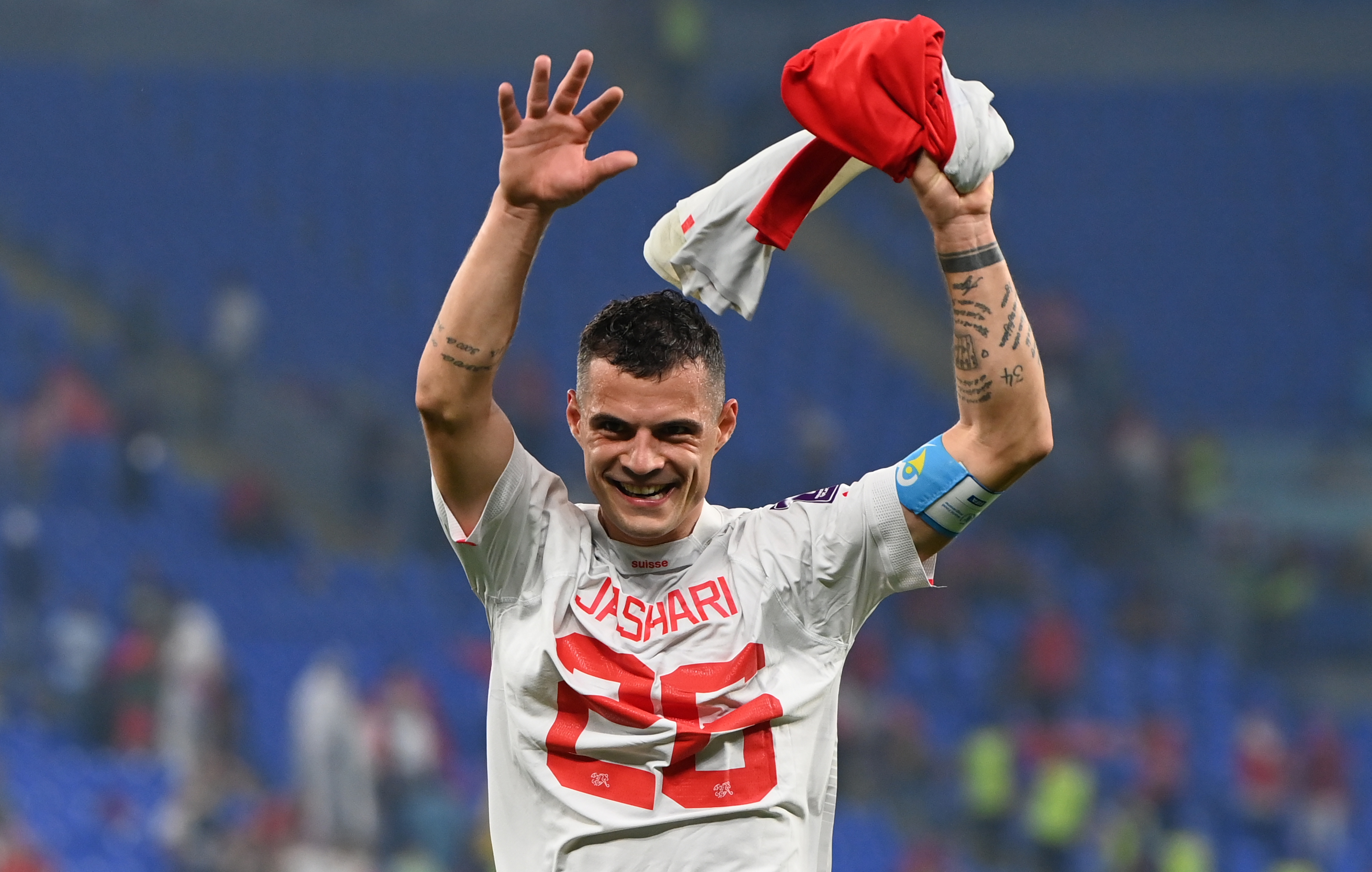 epa10345384 Granit Xhaka of Switzerland reacts after the FIFA World Cup 2022 group G soccer match between Serbia and Switzerland at Stadium 947 in Doha, Qatar, 02 December 2022.  EPA-EFE/Georgi Licovski
