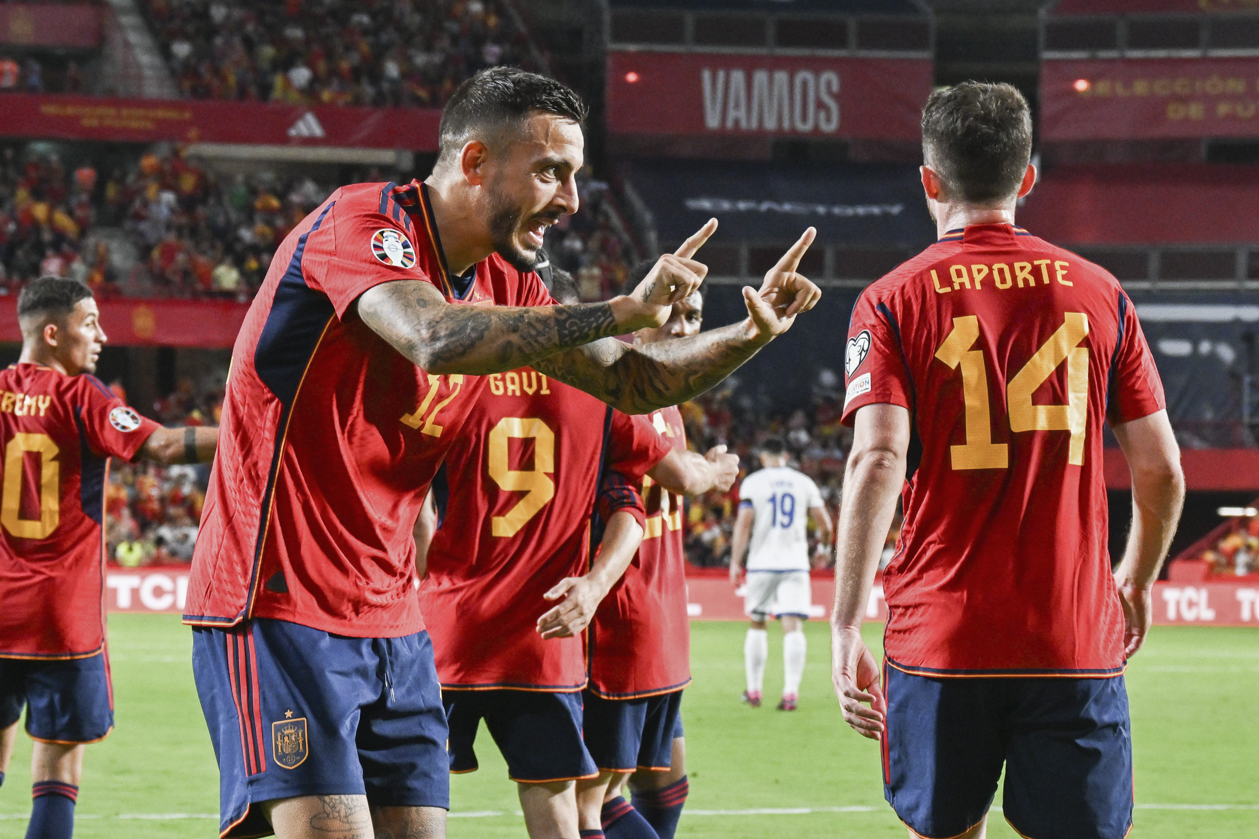 epa10857265 Spain's striker Joselu celebrates after scoring the 3-0 goal during the UEFA Euro 2024 qualifying group A soccer match between Spain and Cyprus, in Granada, Andalusia, Spain, 12 September 2023.  EPA-EFE/Miguel Angel Molina