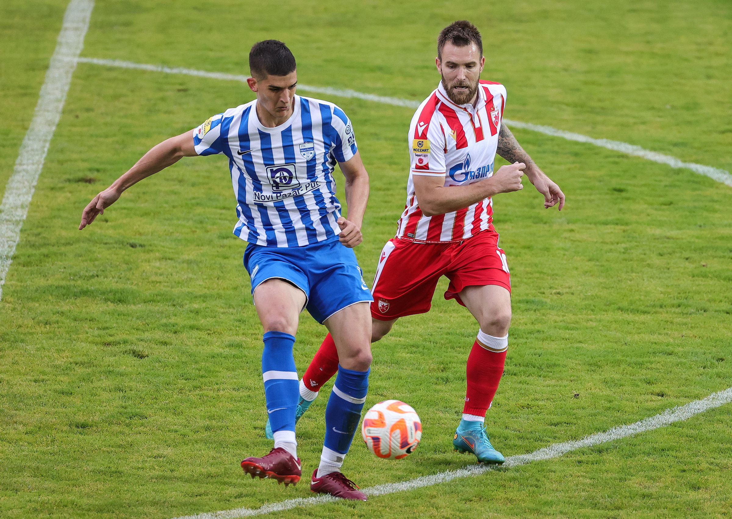 Slobodan Rubezic (L) and Aleksandar Katai
Novi Pazar v Crvena Zvezda, Mozzart Super Liga 2022/2023 at stadium Cazcoin Arena on September 11, 2022 in Novi Pazar, Serbia. (Photo by Srdjan Stevanovic/Starsport.rs ©)