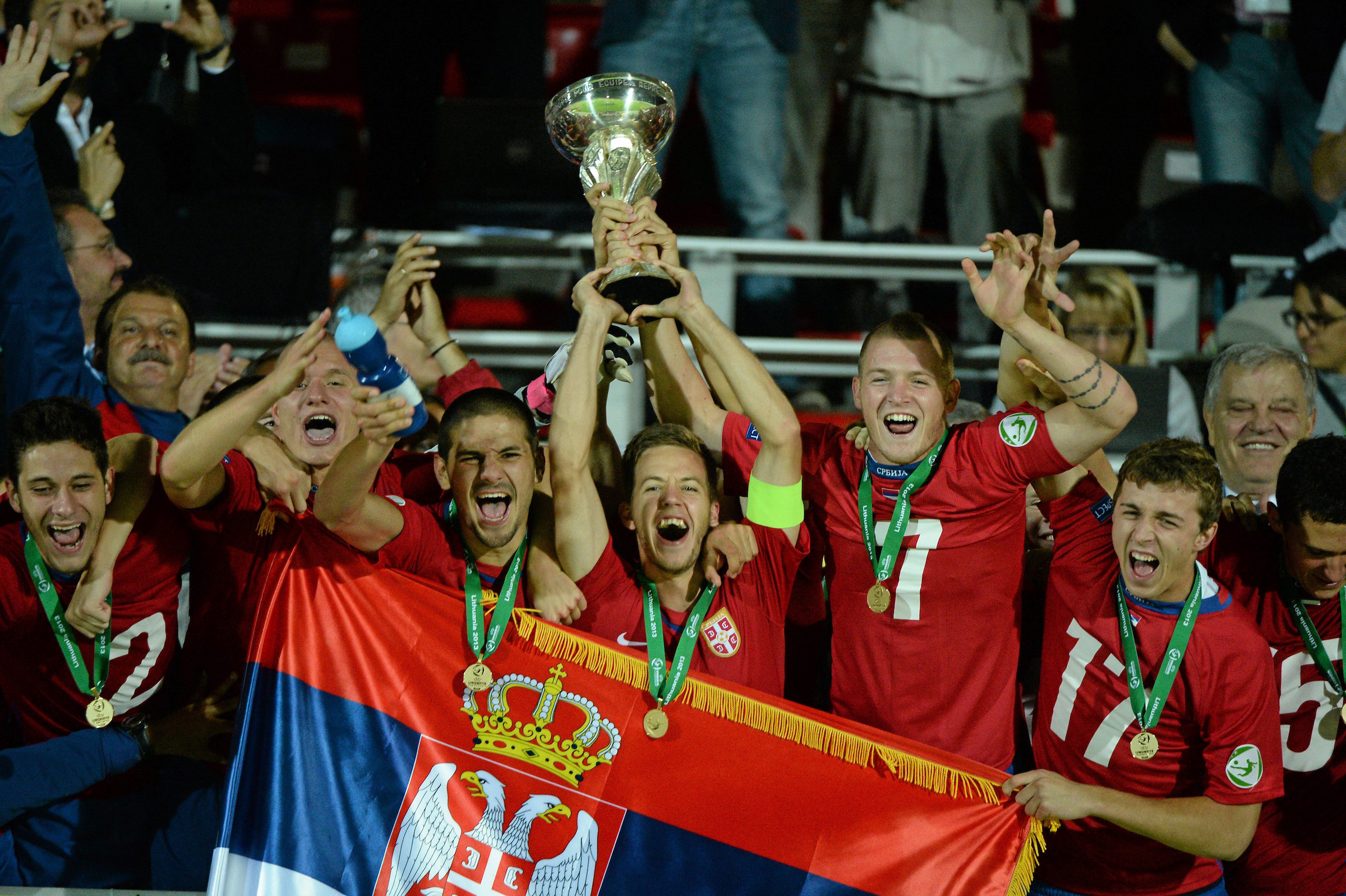 Serbia captain Marko Pavlovski lifts the trophy after defeating France in their UEFA European Under-19 Championship final  photo: STARSPORT