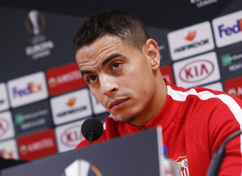 epa07195531 Sevilla's player Wissam Ben Yedder during a press conference in Liege, Belgium, 28 November 2018. FC Sevilla will face Standard de Liege in their UEFA Europa League Group stage match on 29 November.  EPA-EFE/OLIVIER HOSLET