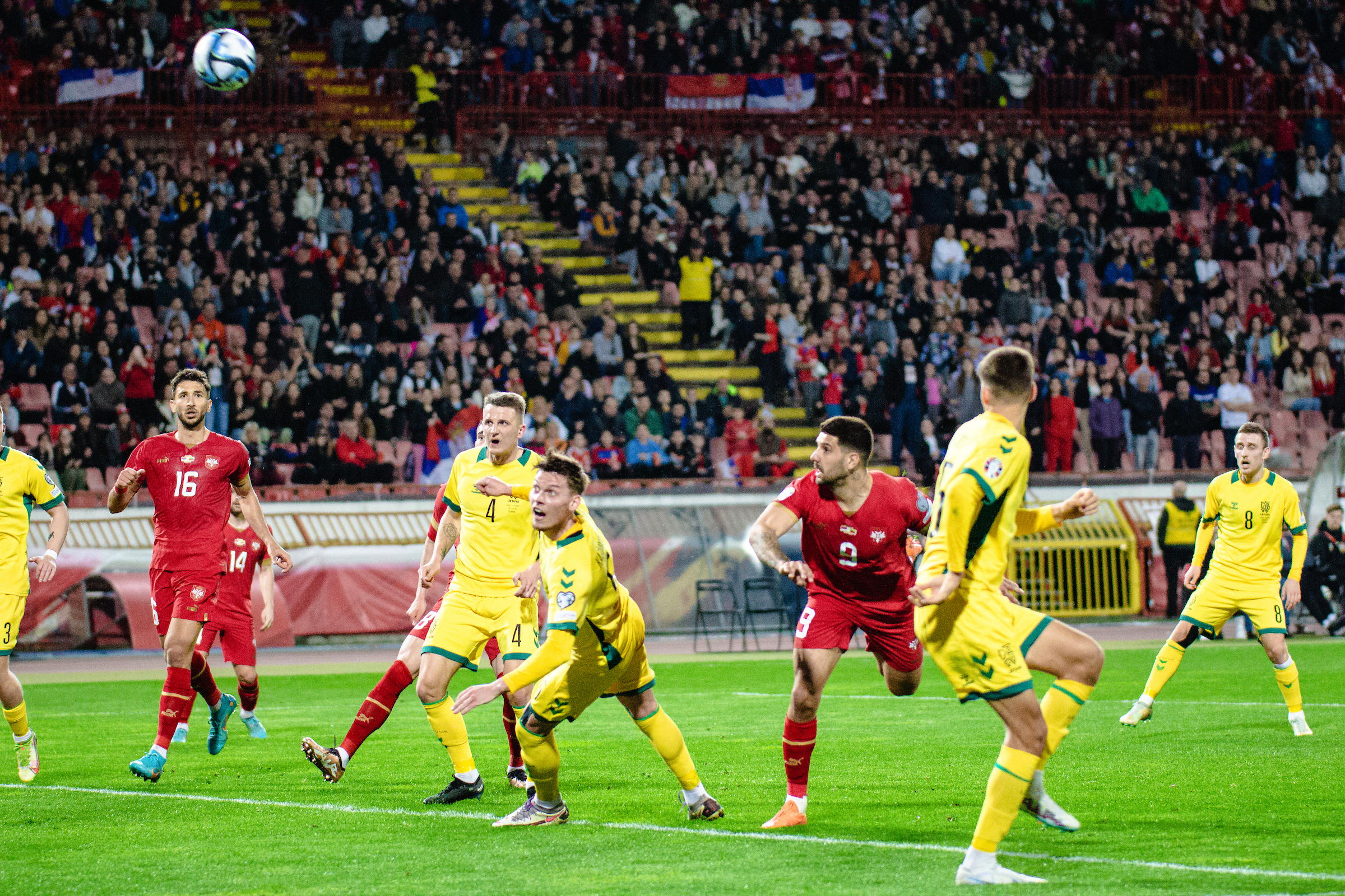 BELGRADE, SERBIA - MARCH 24: Aleksandar Mitrovic of Serbia shoots during the UEFA EURO 2024 qualifying round group G match between Serbia and Lithuania at Rajko Mitic Stadium on March 24, 2023 in Belgrade, Serbia. (Photo by: Andrija Sokovic/Starsport.rs)