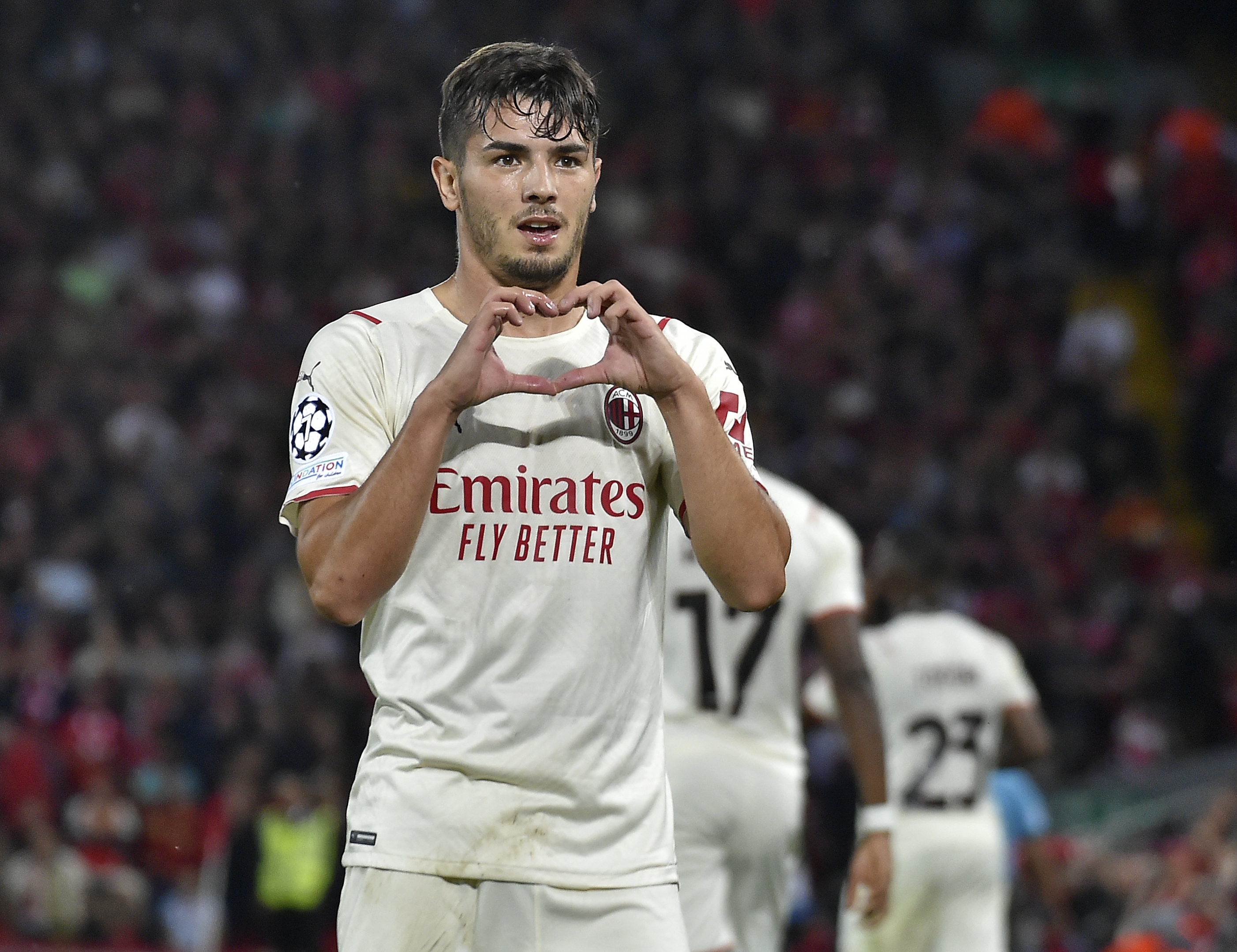 AC Milan's Brahim Diaz celebrates after scoring his side's second goal during the Champions League Group B soccer match between Liverpool and AC Milan at Anfield, in Liverpool, England, Wednesday Sept. 15, 2021. (AP Photo/Rui Vieira)