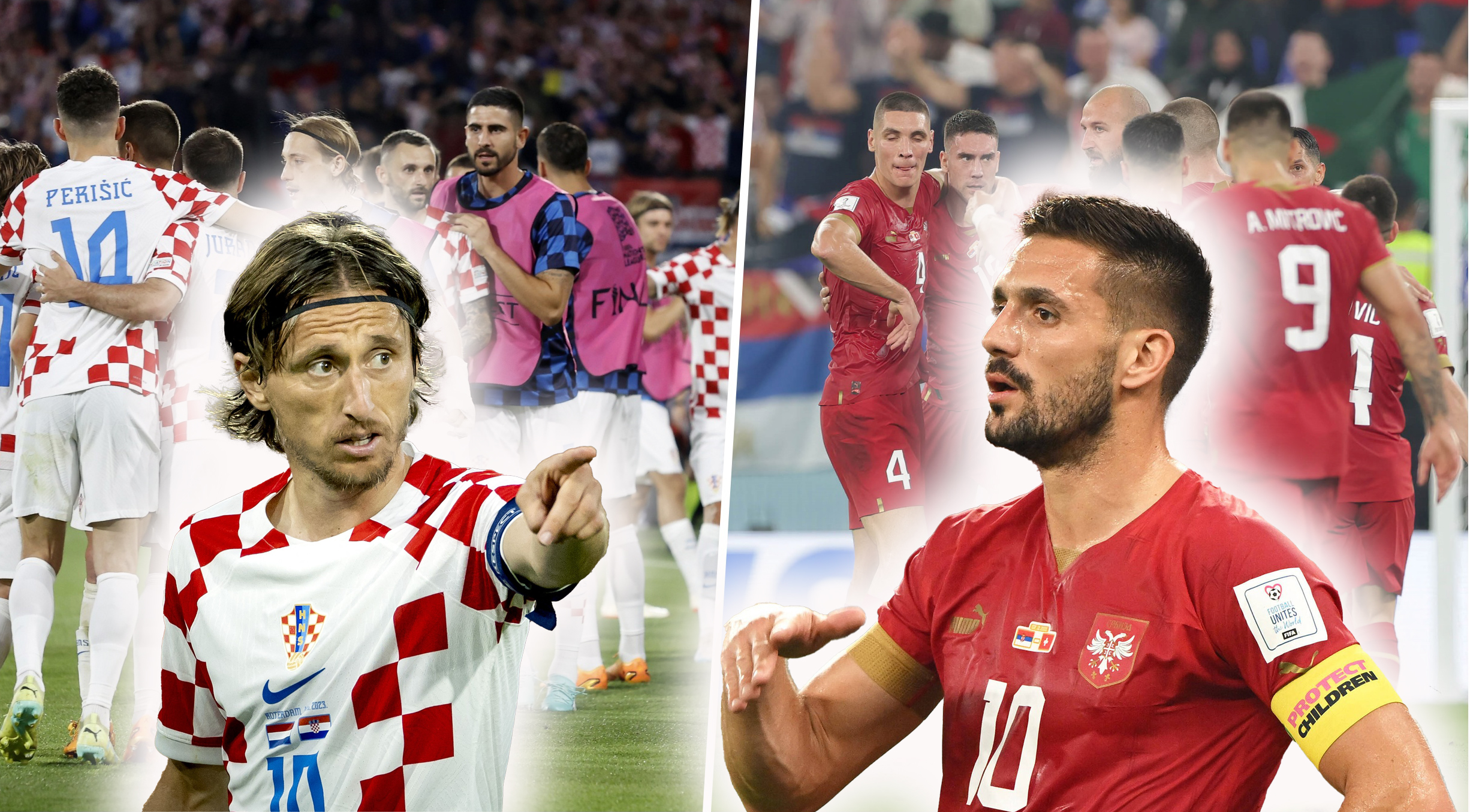 kombo sa leve strane fudbalska reprezentacija Hrvatske (moze i neka slika iz igre, ne moraju svi da su na njoj), a sa desne Srbija. U sredini sa leve strane Luka Modrić u dresu Hrvatske, sa desne Dušan Tadić.