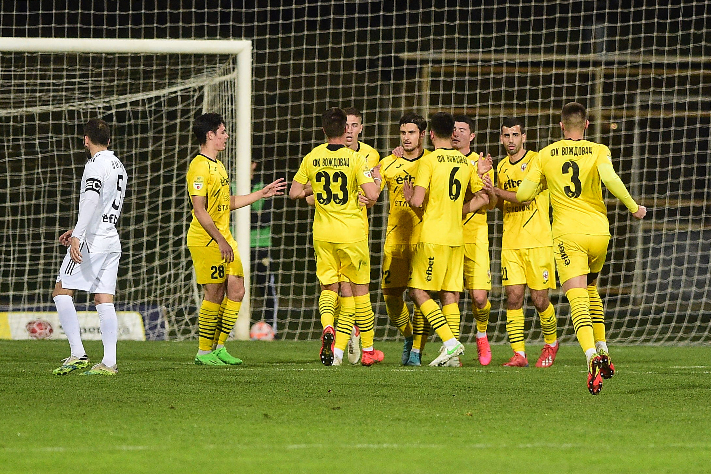 Players of Vozdovac celebrating goal at Mozzart Super Liga Srbije match between fk Cukaricki and fk Vozdovac was played in Belgrade, March 19th 2023, on Cukaricki stadium (Photo by Dusan Milenkovic/Starsport.rs ©)