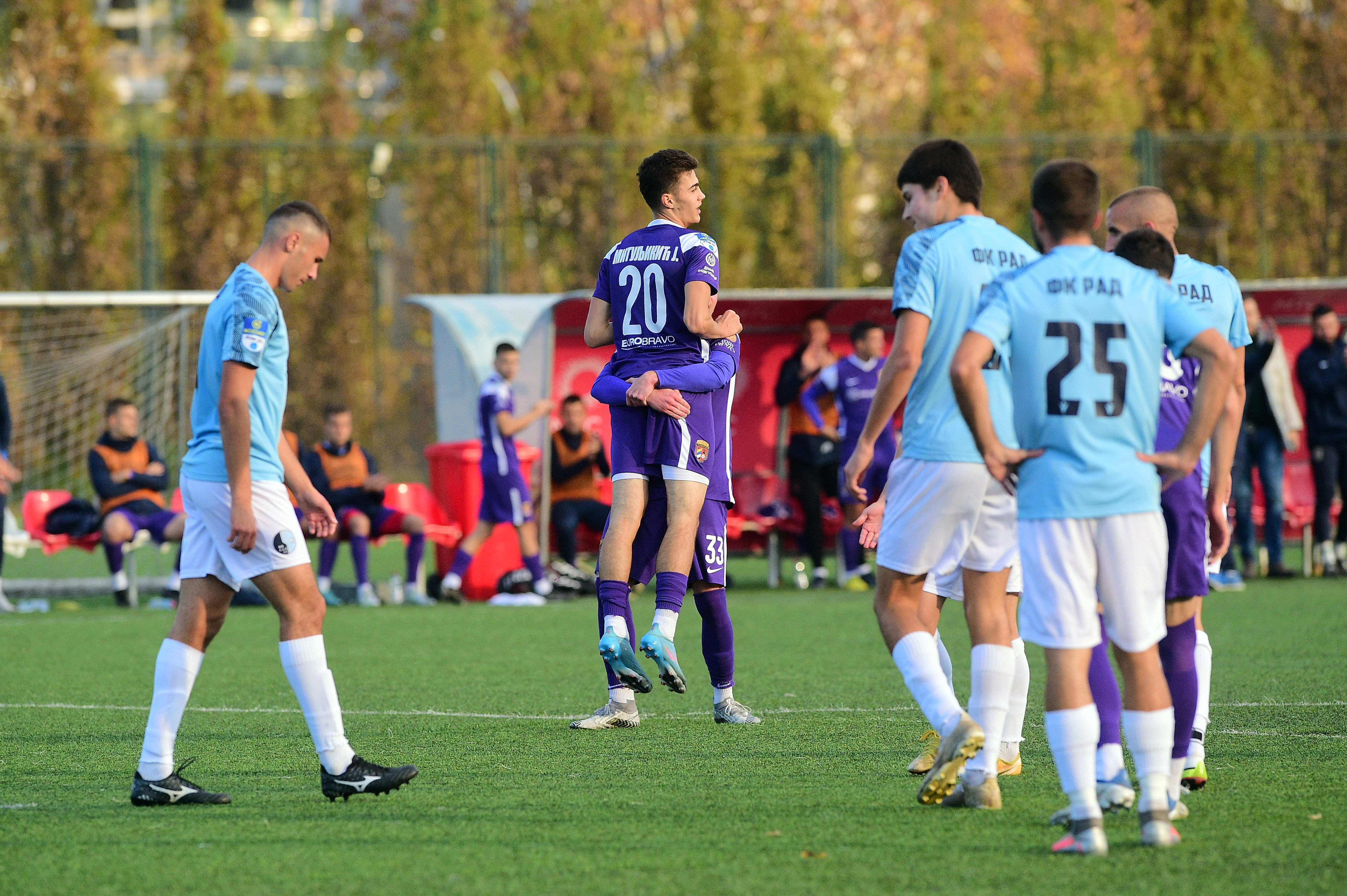 Players of Graficar celebrating goal at Mozzart Prva Liga 2022/2023 match between fc Graficar and fc Rad at Rajko Mitic south Stadium on November 12th, 2022 in Belgrade, Serbia. (Photo by Dusan Milenkovic/Starsport.rs ©)