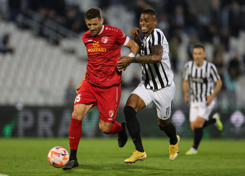 during the Mozzart Super Liga 2022/2023 Play Off match between Partizan and Radnicki 1923 Kragujevac at stadium FK Partizan (JNA) on May 14, 2023 in Belgrade, Serbia. (Photo by Srdjan Stevanovic/Starsport.rs ©)