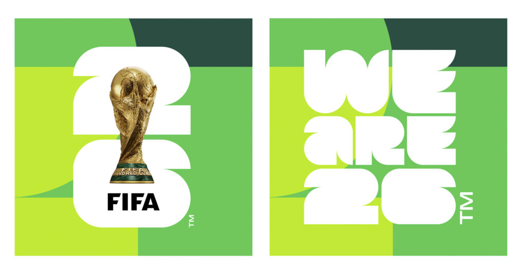 Images provided by FIFA on Wednesday, May 17, 2023, show the logo, left, and slogan for the soccer 2026 World Cup. (FIFA via AP)