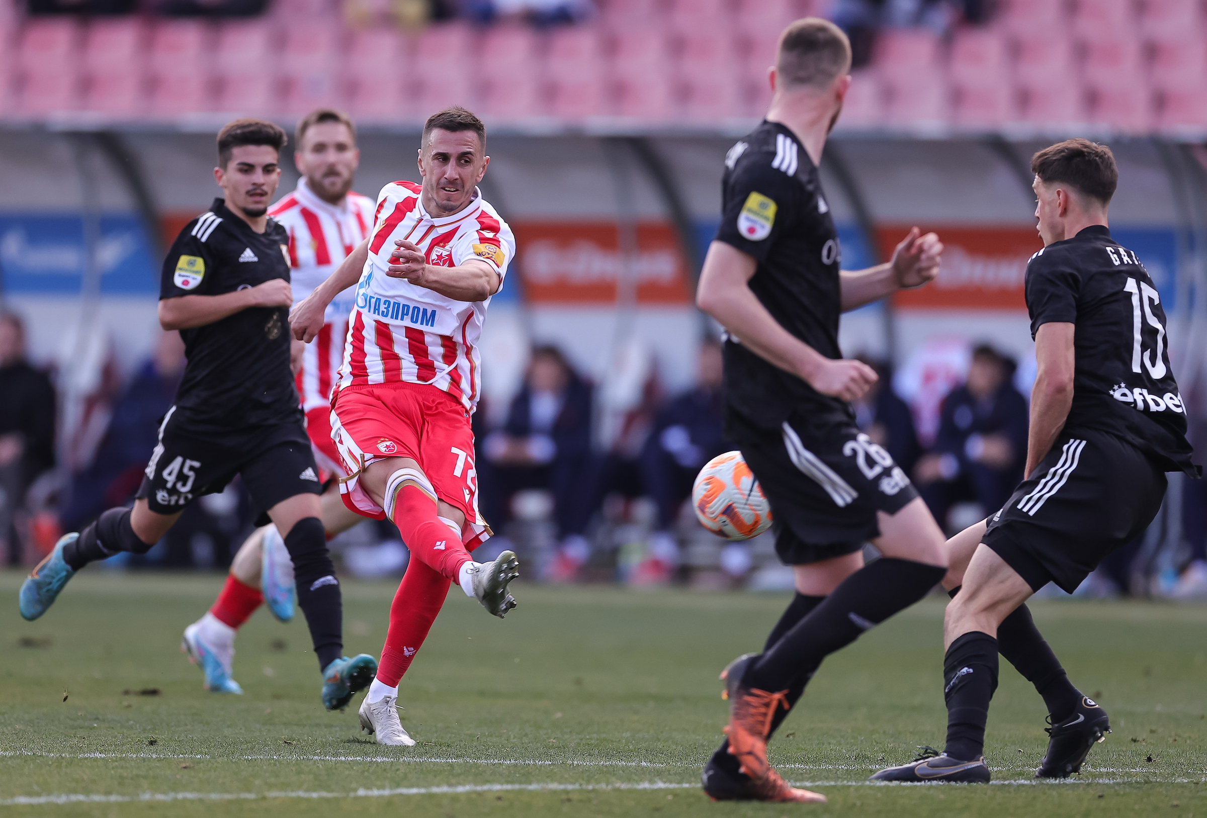 during the Mozzart Super Liga match between Crvena Zvezda and FK Cukaricki at stadium Rajko Mitic (Marakana) on February 18, 2022 in Belgrade, Serbia. (Photo by Srdjan Stevanovic/Starsport.rs ©)