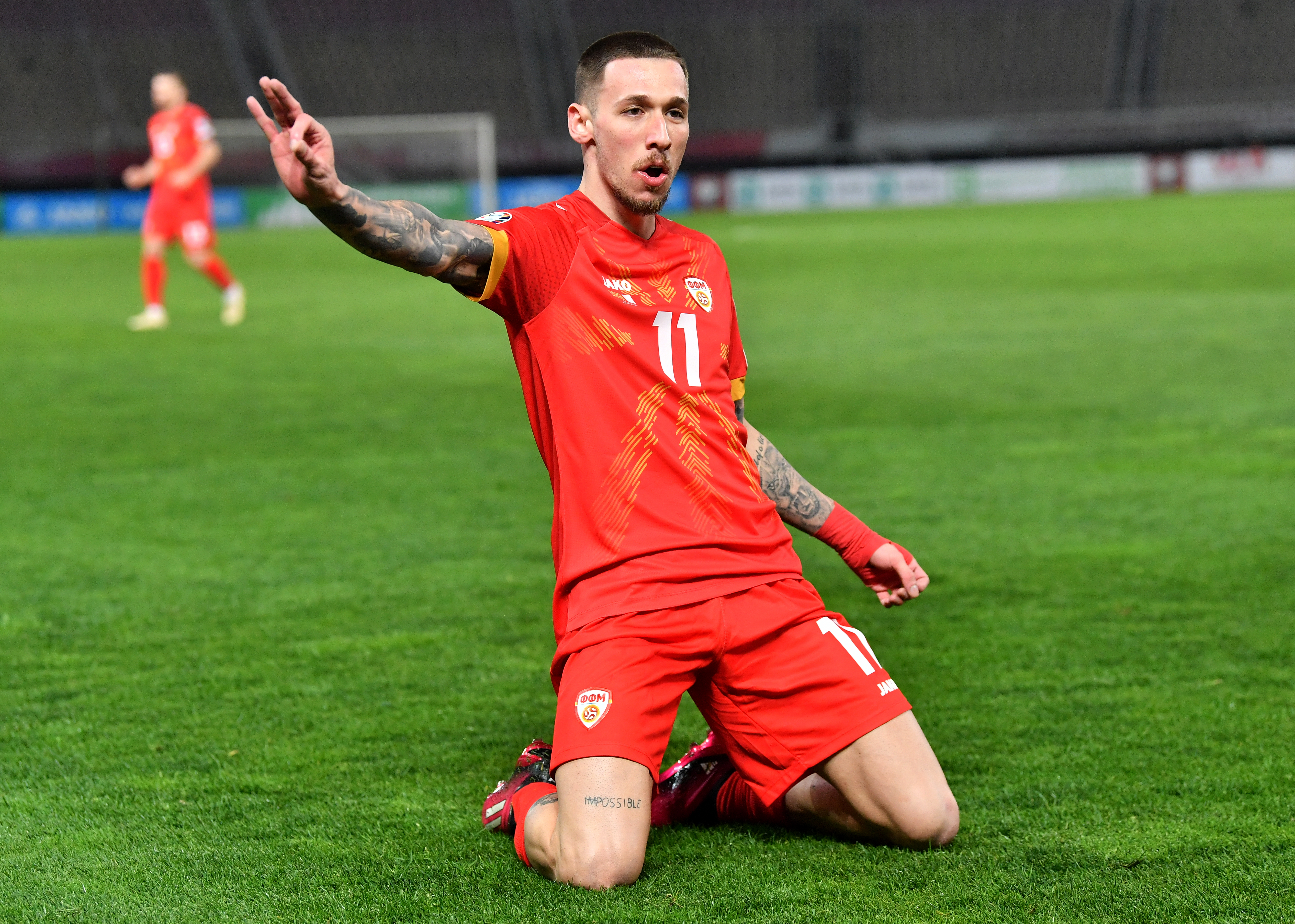epa10539567 Darko Churlinov of North Macedonia celebrates after scoring during the UEFA EURO 2024 qualification soccer match between North Macedonia and Malta in Skopje, Republic of North Macedonia, 23 March 2023.  EPA-EFE/GEORGI LICOVSKI