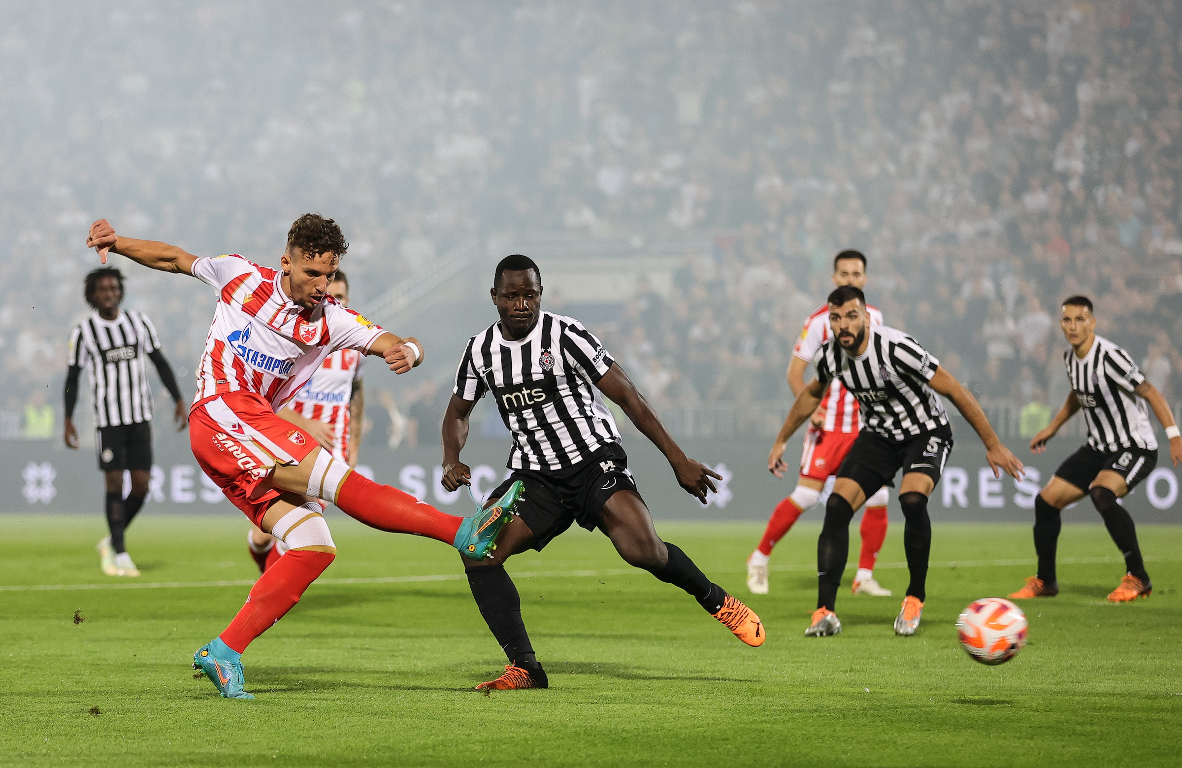 Strahinja Erakovic (L) Hamidou Traore (C) Igor Vujacic (R)
Partizan v Crvena Zvezda, Mozzart Super Liga 2022/2023 match on stadium FC Partizan (JNA) on August 31, 2022 in Belgrade, Serbia. (Photo by Srdjan Stevanovic/Starsport.rs ©)