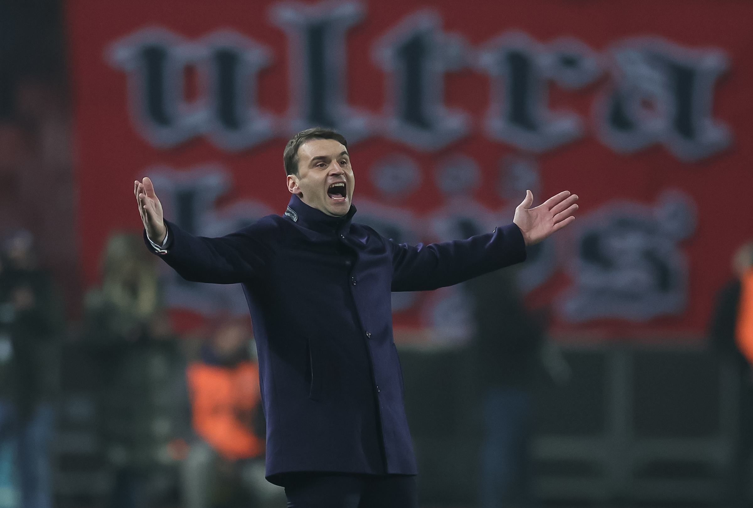 Head coach Milos Milojevic reacts during the Mozzart Super Liga 169 Derby Derbi match between Crvena Zvezda and FK Partizan at stadium Rajko Mitic (Marakana) on March 03, 2022 in Belgrade, Serbia. (Photo by Srdjan Stevanovic/Starsport.rs ©)