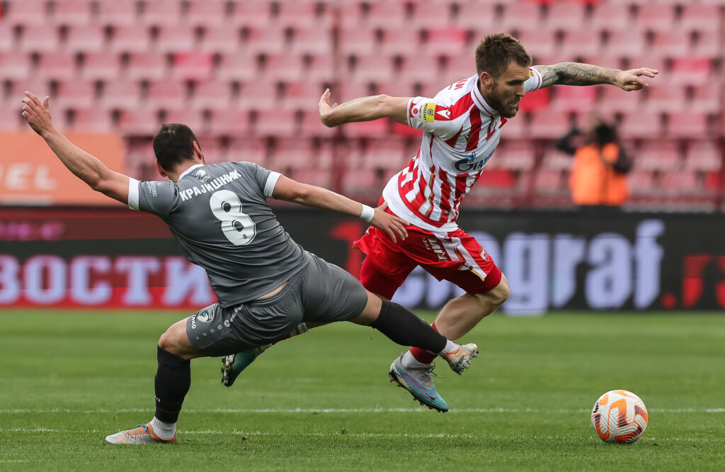 during the Mozzart Super Liga match between Crvena Zvezda and Radnicki 1923 at stadium Rajko Mitic (Marakana) on April 10, 2023 in Belgrade, Serbia. (Photo by Srdjan Stevanovic/Starsport.rs ©)