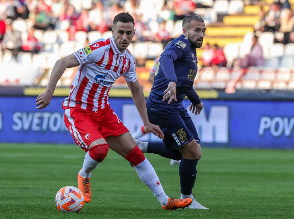 during the Play Off Mozzart Super Liga match between Crvena Zvezda and TSC Backa Topola at stadium Rajko Mitic (Marakana) on April 22, 2022 in Belgrade, Serbia. (Photo by Srdjan Stevanovic/Starsport.rs ©)