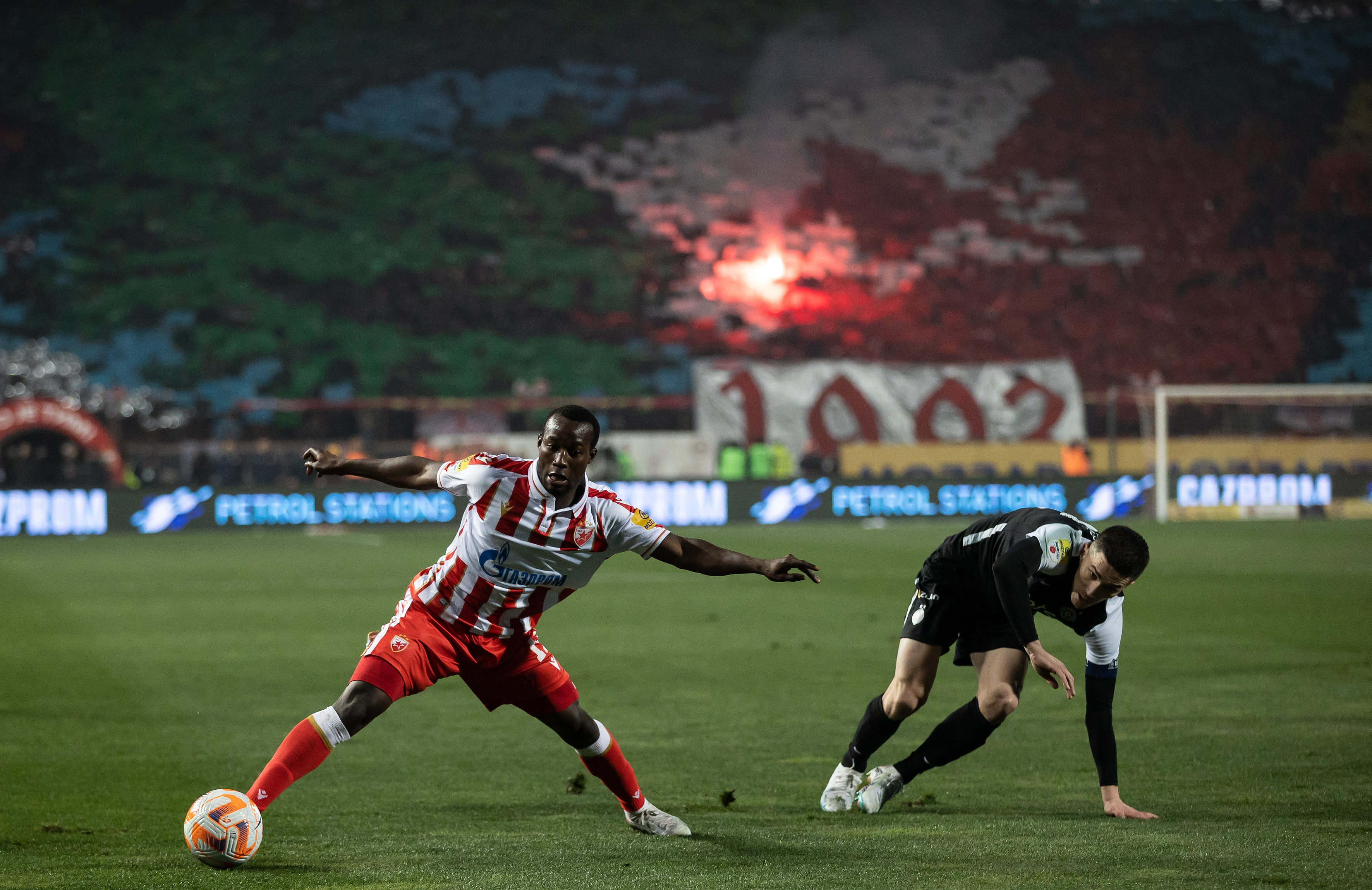 during the Mozzart Super Liga 169 Derby Derbi match between Crvena Zvezda and FK Partizan at stadium Rajko Mitic (Marakana) on March 03, 2022 in Belgrade, Serbia. (Photo by Srdjan Stevanovic/Starsport.rs ©)
