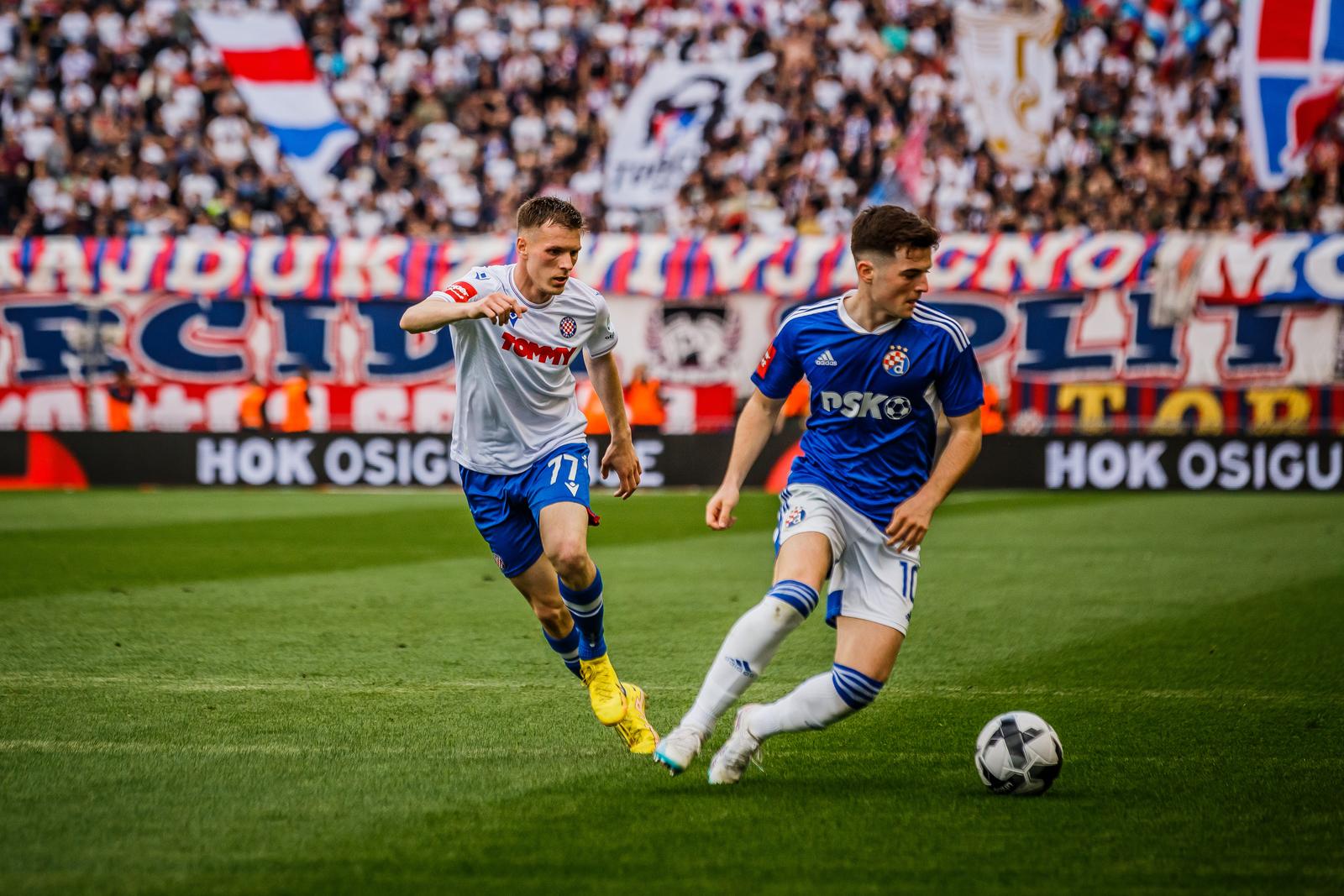30.04.2023., stadion Poljud, Split - SuperSport HNL, 32. kolo, HNK Hajduk - GNK Dinamo. Emir Sahiti, Martin Baturina Photo: Zvonimir Barisin/PIXSELL