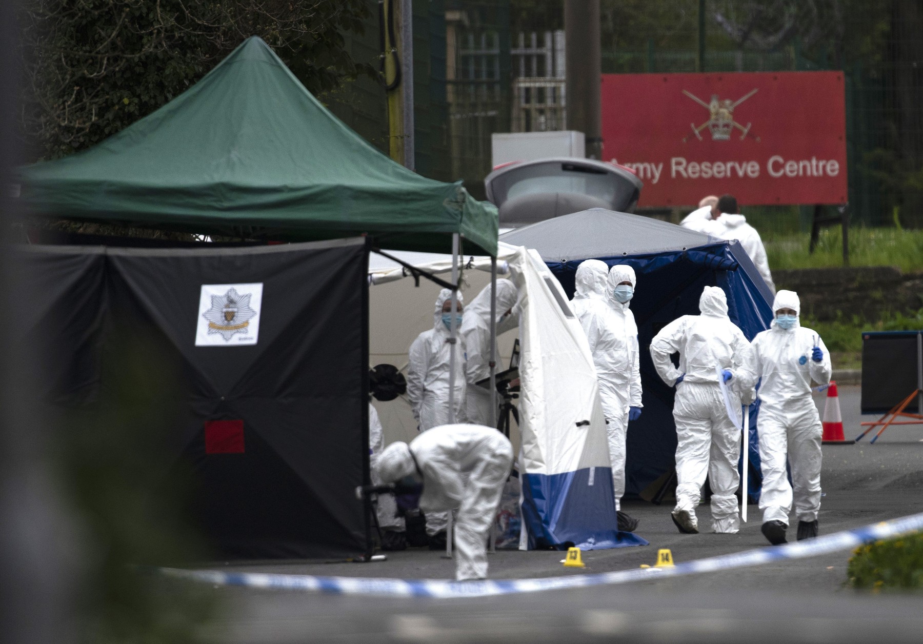 Forensics at the scene of a murder and stabbings, Cornwall, UK - 30 Apr 2023