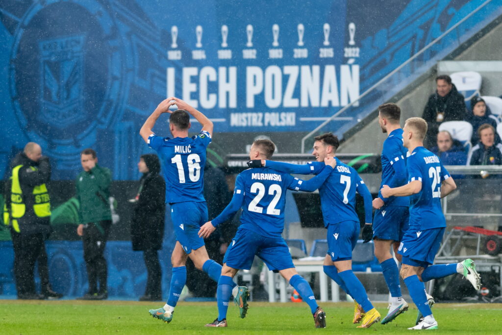 epa10512488 Antonio Milic (L) of Lech Poznan celebrates after scoring a goal  during the UEFA Europa Conference League round of 16 match between Lech Poznan and Djurgardens IF in Poznan, Poland, 09 March 2023.  EPA-EFE/Jakub Kaczmarczyk POLAND OUT