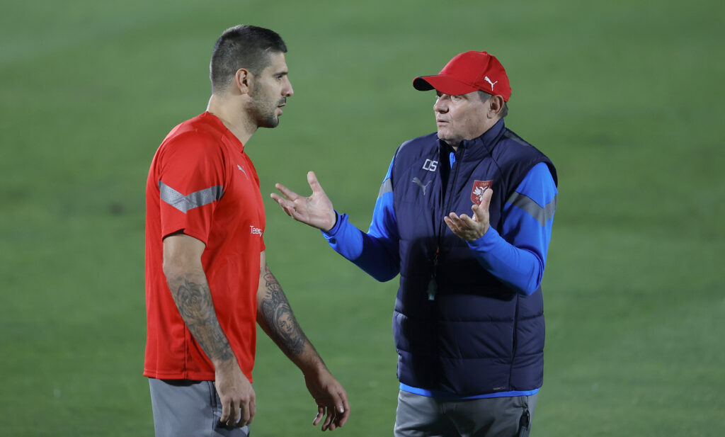 Aleksandar Mitrovic head coach Dragan Stojkovic Serbia, national football team training session in Doha, Qatar on 21. Nov, 2022 photo: STARSPORT