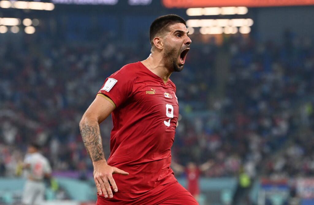 epa10345037 Aleksandar Mitrovic of Serbia celebrates scoring the 1-1 during the FIFA World Cup 2022 group G soccer match between Serbia and Switzerland at Stadium 947 in Doha, Qatar, 02 December 2022.  EPA-EFE/Georgi Licovski