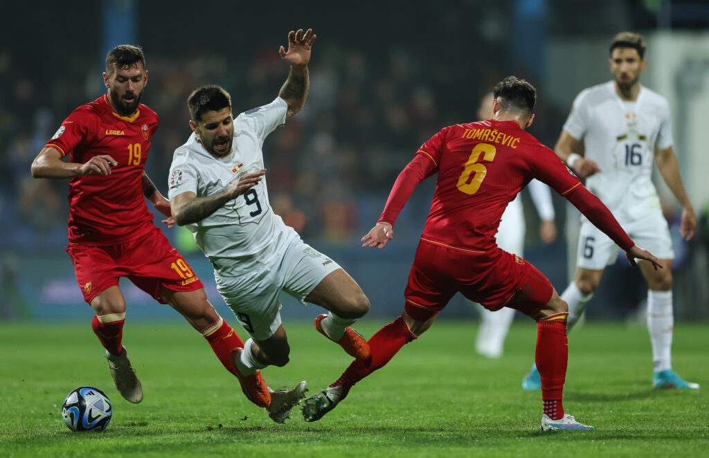 during the  UEFA EURO 2024 Qualifiers Group G match between Montenegro and Serbia at  City Stadium on March 27, 2023 in Podgorica, Montenegro. (Photo by Srdjan Stevanovic/Starsport.rs ©)