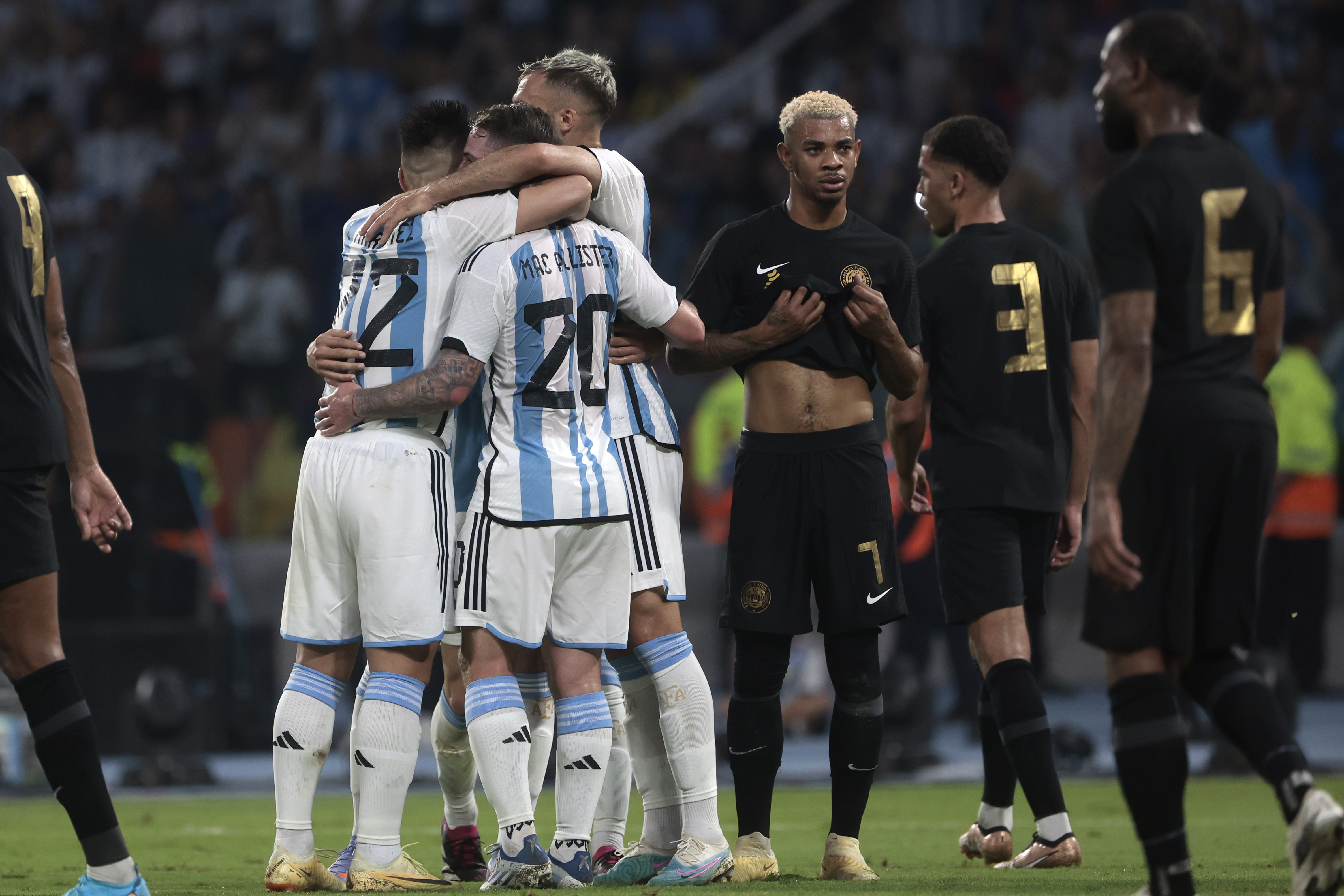 epa10548184 Argentina players celebrate after scoring during an international friendly soccer match between Argentina and Curacao at Unico Madre de Ciudades stadium in Santiago del Estero, Argentina, 28 March 2023.  EPA-EFE/Juan Ignacio Roncoroni