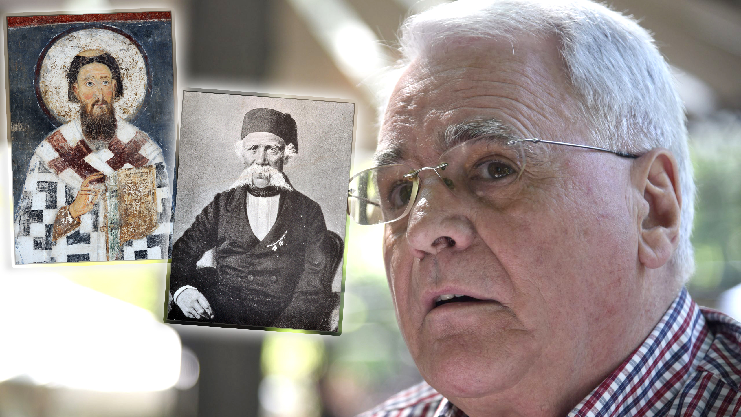 milojko pantić, a desno i levo glavice svetog save i vuka karadžića