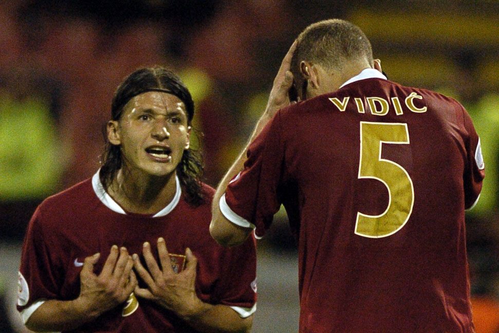SPORT FUDBAL SRBIJA BELGIJA REPREZENTACIJA EURO 2008 KVALIFIKACIJE SOCCER NATIONAL TEAM  Marko Pantelic Nemanja Vidic 7.10.2006. photo: Pedja Milosavljevic
