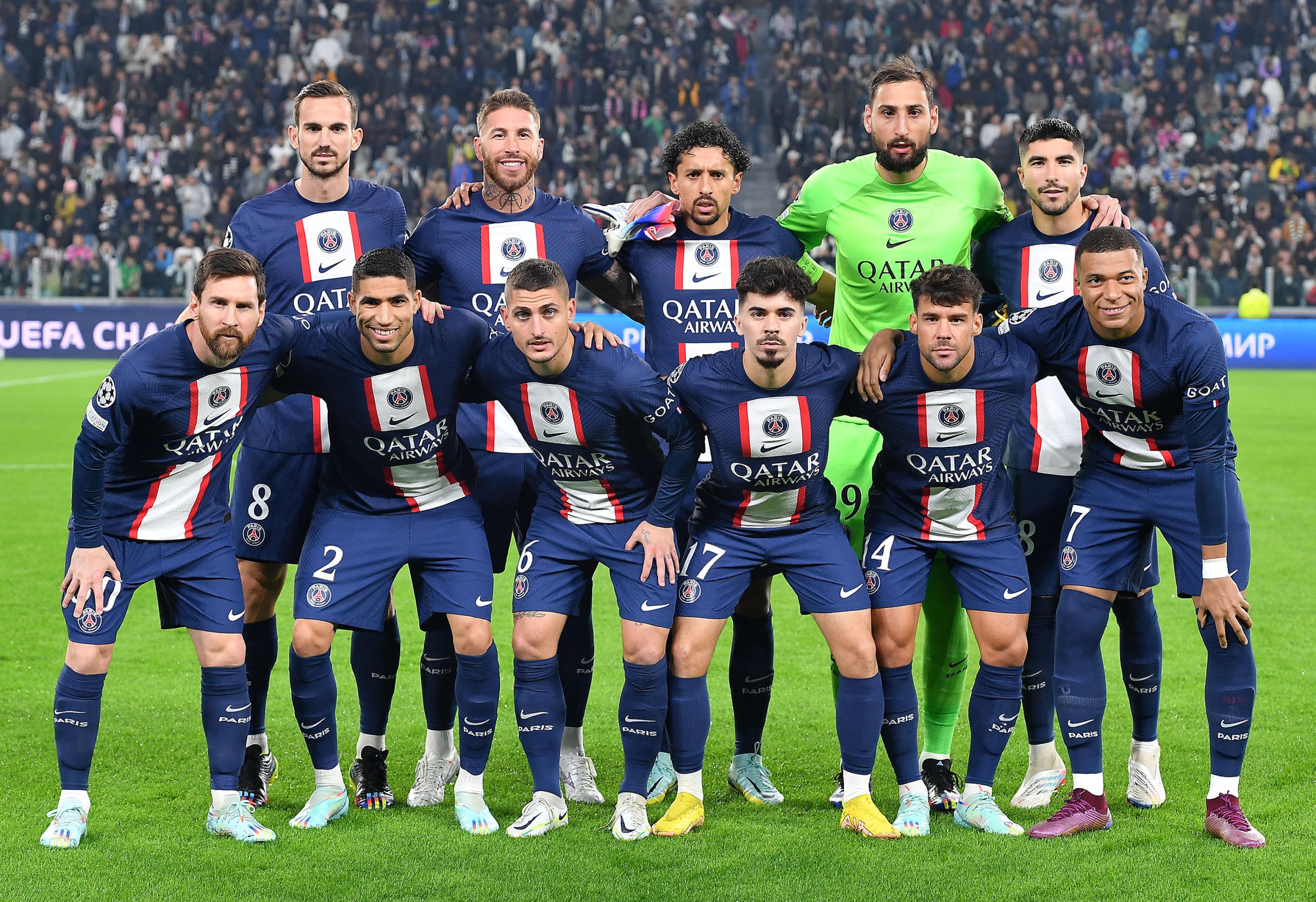 epa10282517 PSG starting eleven pose during the UEFA Champions League group H soccer match between Juventus FC and Paris Saint Germain, in Turin, Italy, 02 November 2022.  EPA-EFE/ALESSANDRO DI MARCO