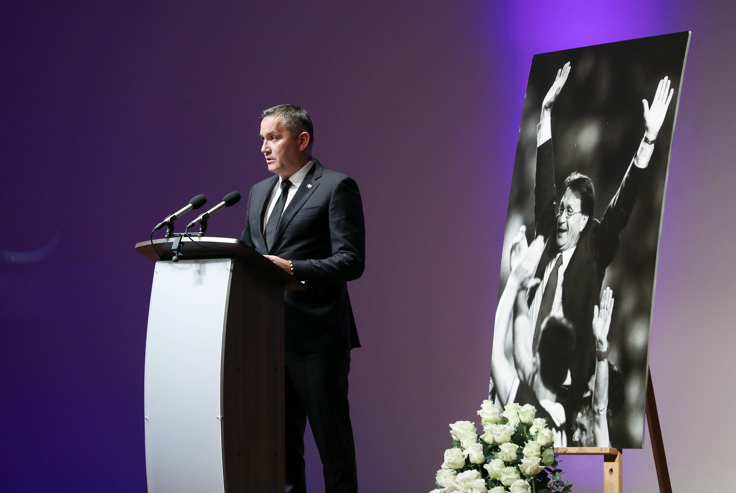 Zagreb, 15.02.2023 - Komemoracija Miroslavu Ciri Blazevicu odrzana je danas u KD Vatroslav Lisinski u Zagrebu. Na fotografiji govori predsednik HNS-a Marijan Kustic. (BETAPHOTO/HINA/Lana SLIVAR DOMINIC)