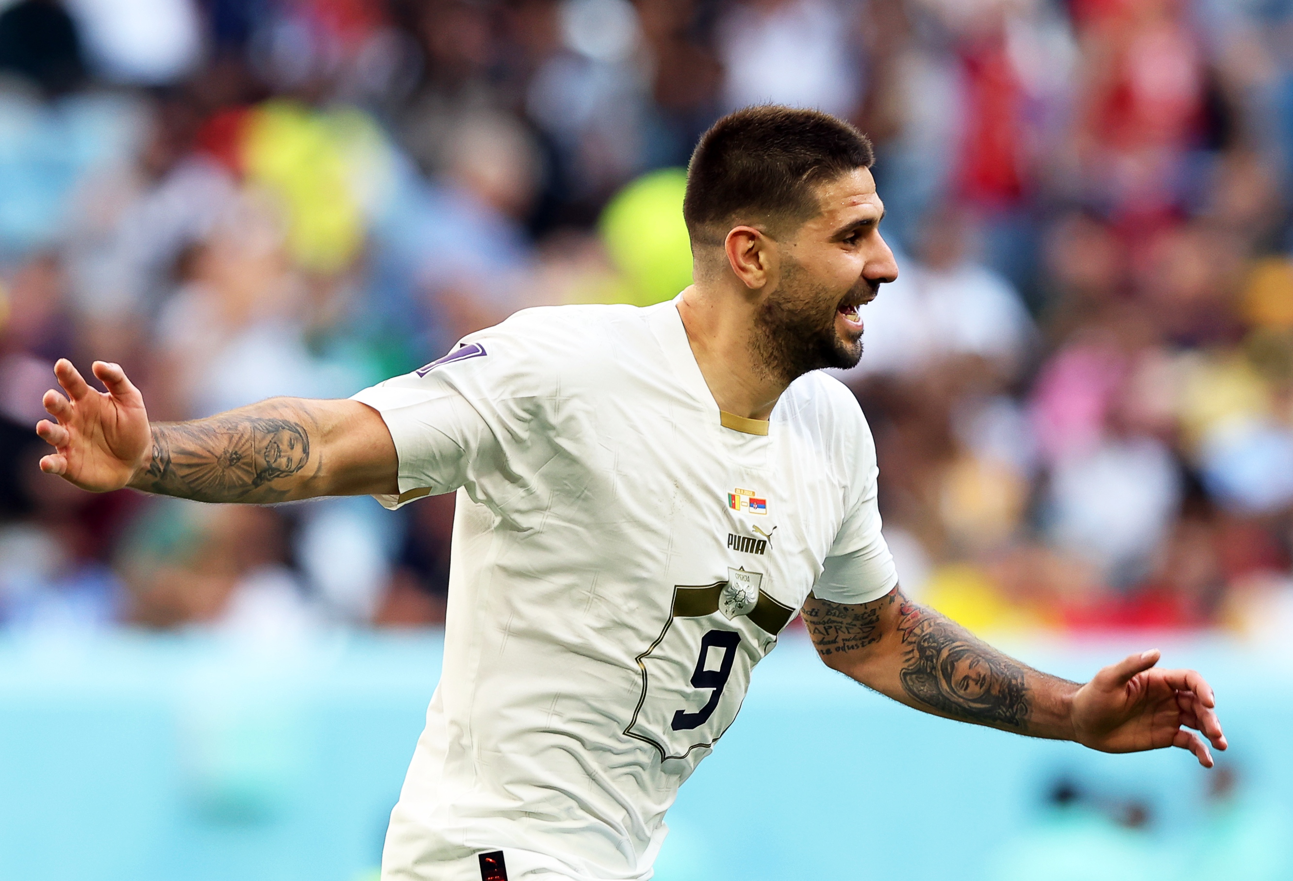 epa10333872 Aleksandar Mitrovic of Serbia celebrates after scoring the 3-1 lead during the FIFA World Cup 2022 group G soccer match between Cameroon and Serbia at Al Janoub Stadium in Al Wakrah, Qatar, 28 November 2022.  EPA-EFE/Tolga Bozoglu
