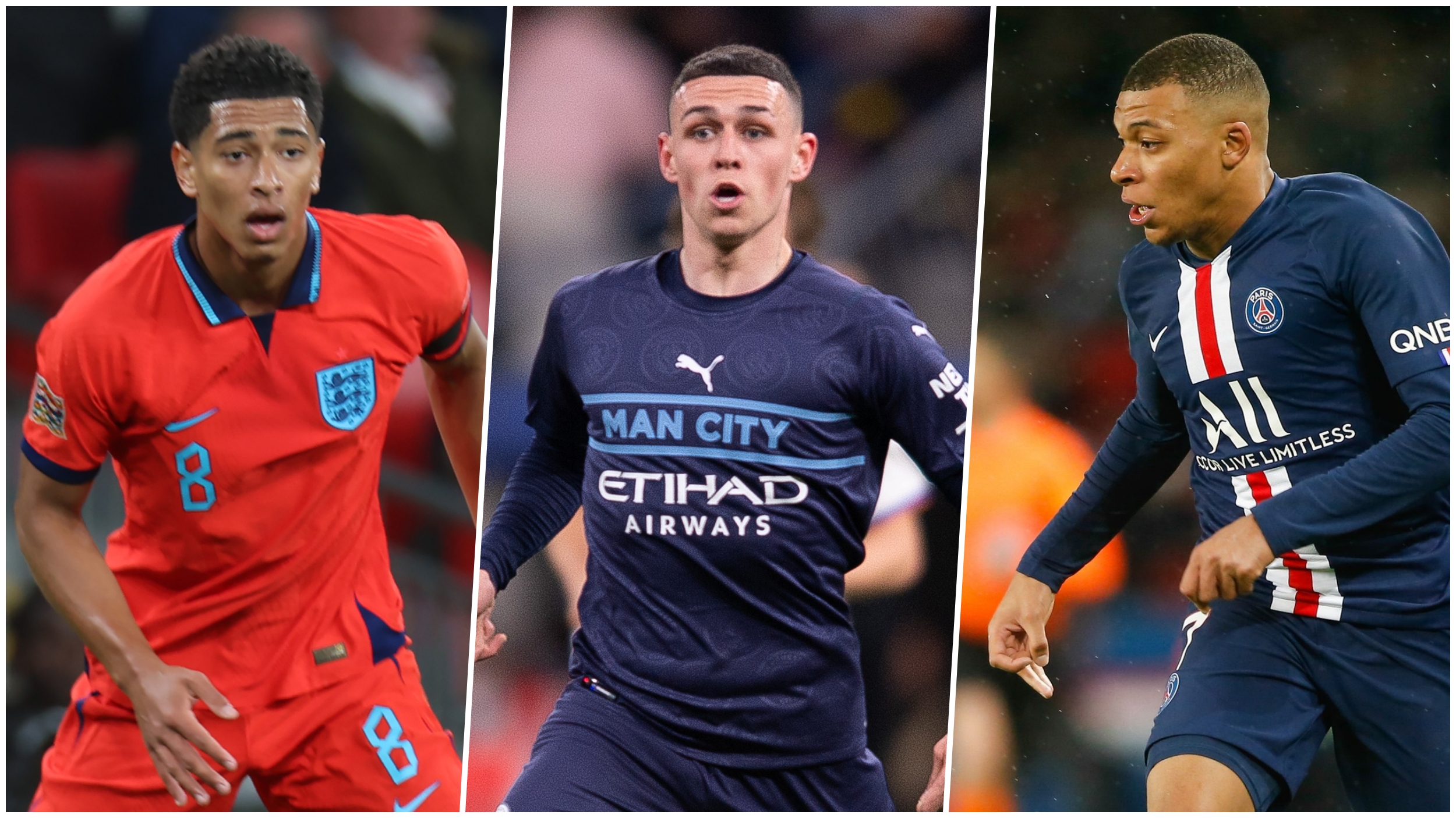 Jude Bellingham (Borussia Dortmud dres), Phil Foden (Manchester City dres) i Kylian Mbappe (PSG dres).