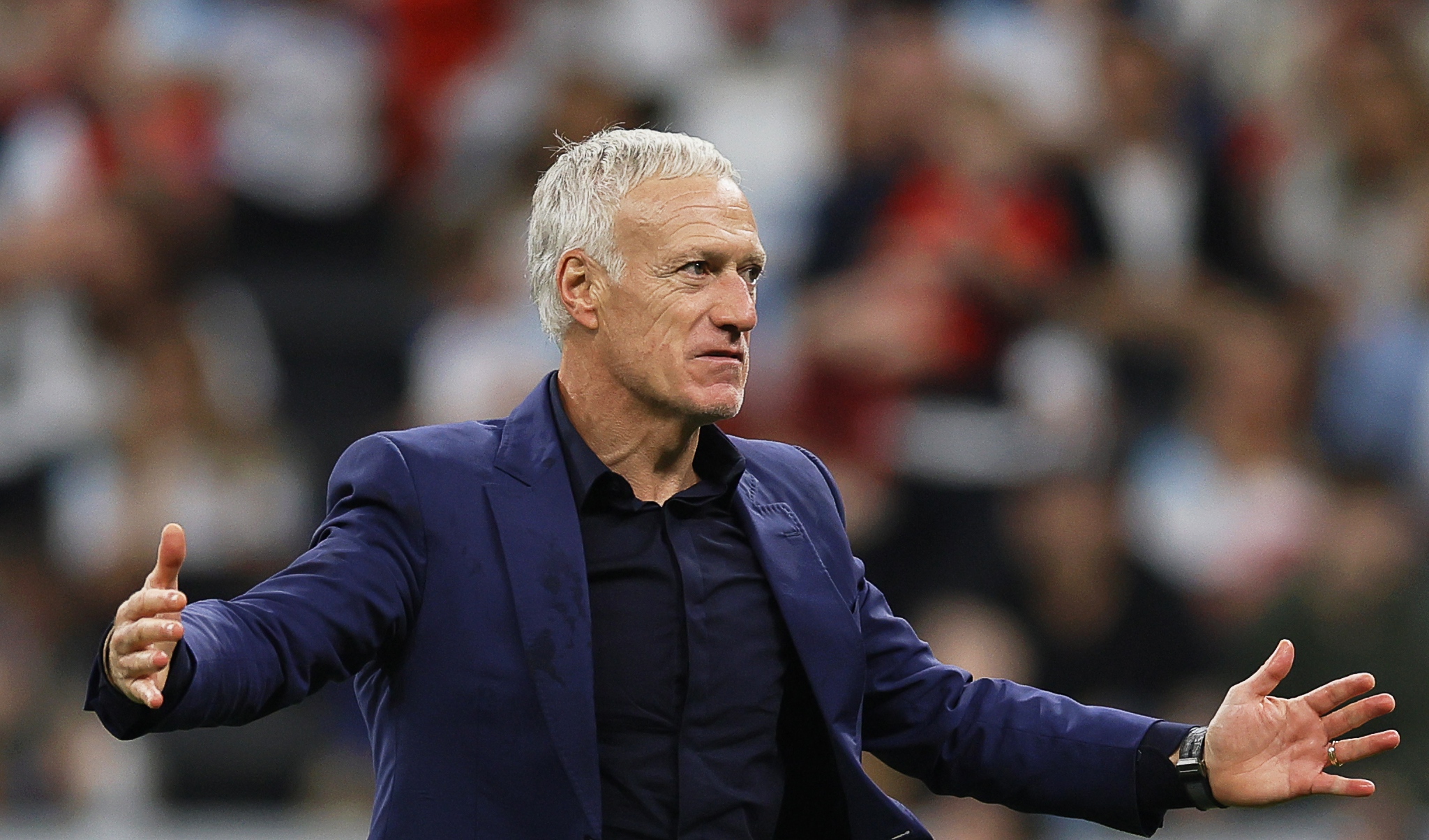 epa10360394 France's head coach Didier Deschamps celebrates after winning the FIFA World Cup 2022 quarter final soccer match between England and France at Al Bayt Stadium in Al Khor, Qatar, 10 December 2022.  EPA-EFE/Ronald Wittek